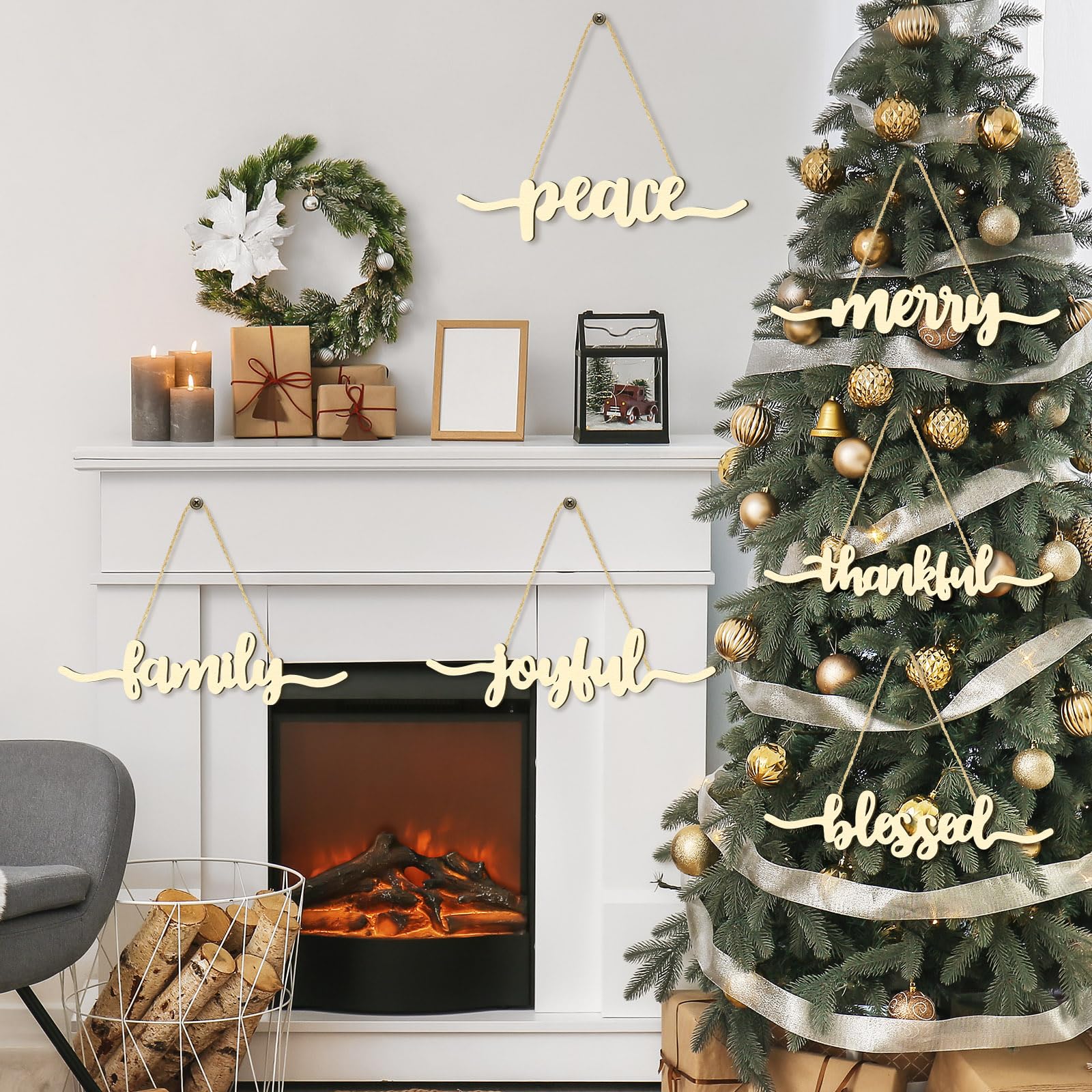 12 Pieces Christmas Thankful Blessed Merry Joyful Peace Family Wood Cutout Rustic Thankful Plate Letter Sign Decor Inspirational