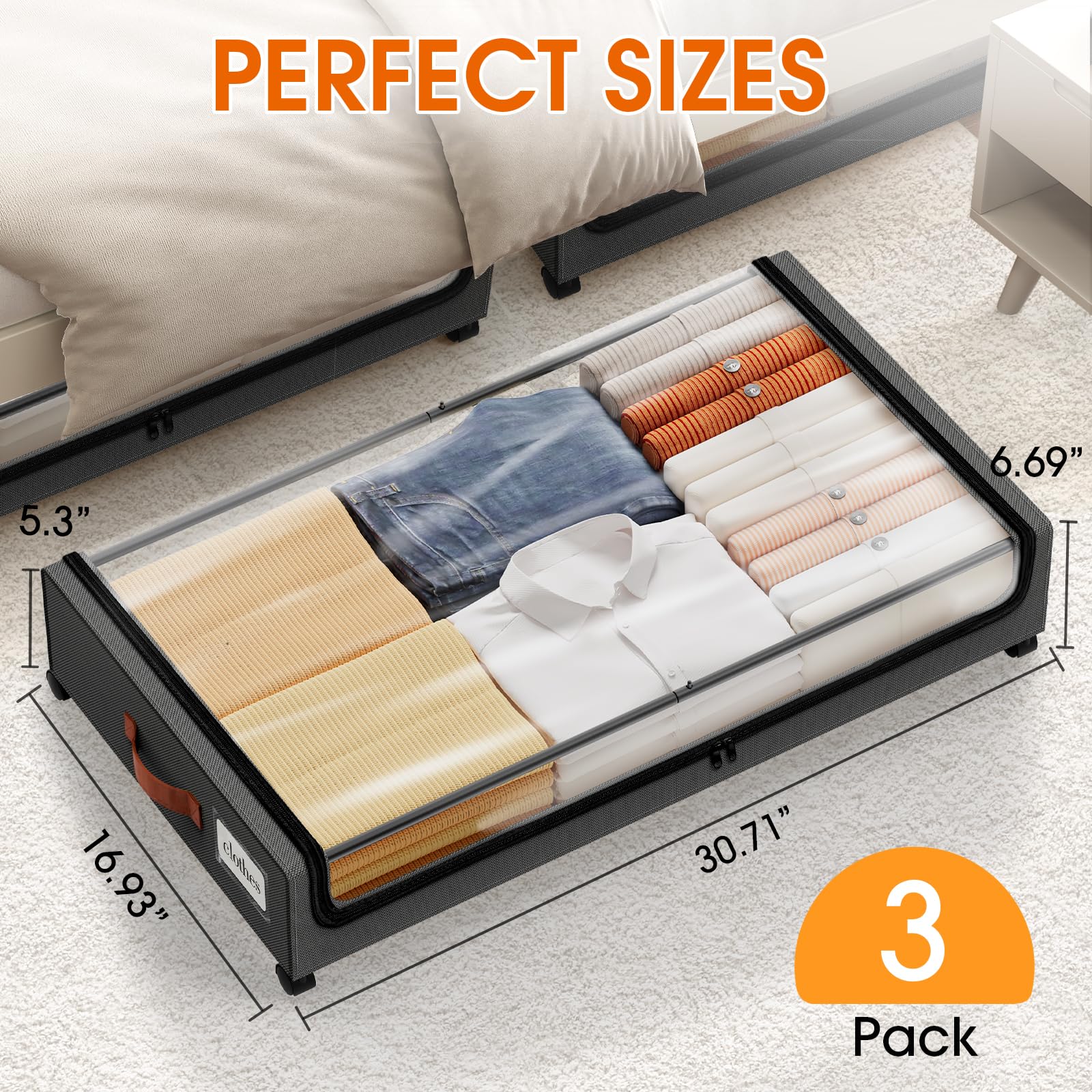 SpaceHacks Under Bed Storage with Wheels 3Pack Storage Containers with Clear Window&Label Under Bed Drawers Rolling Under Bed St