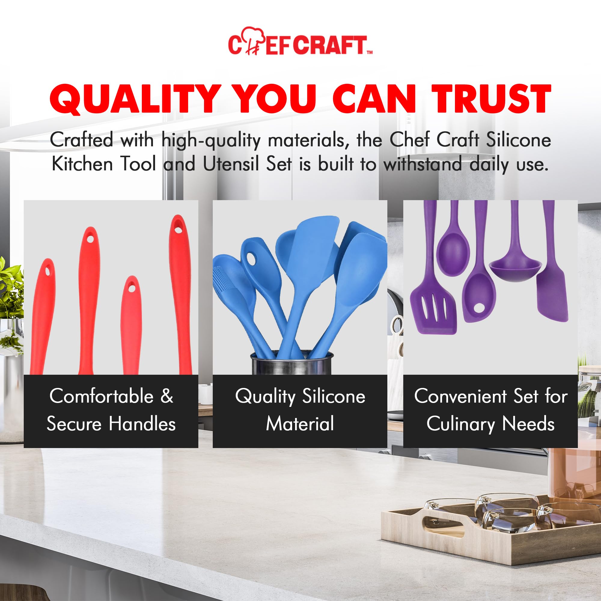 Chef Craft Premium Silicone Kitchen Tool And Utensil, 5 Piece Set, Blue