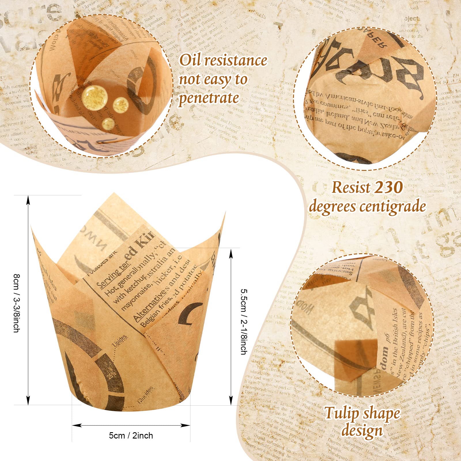 400 Pieces Tulip Cupcake Liners Newspaper Print Paper Cupcake Liner Greaseproof Muffin Liners Grease Resistant Cupcake Wrappers