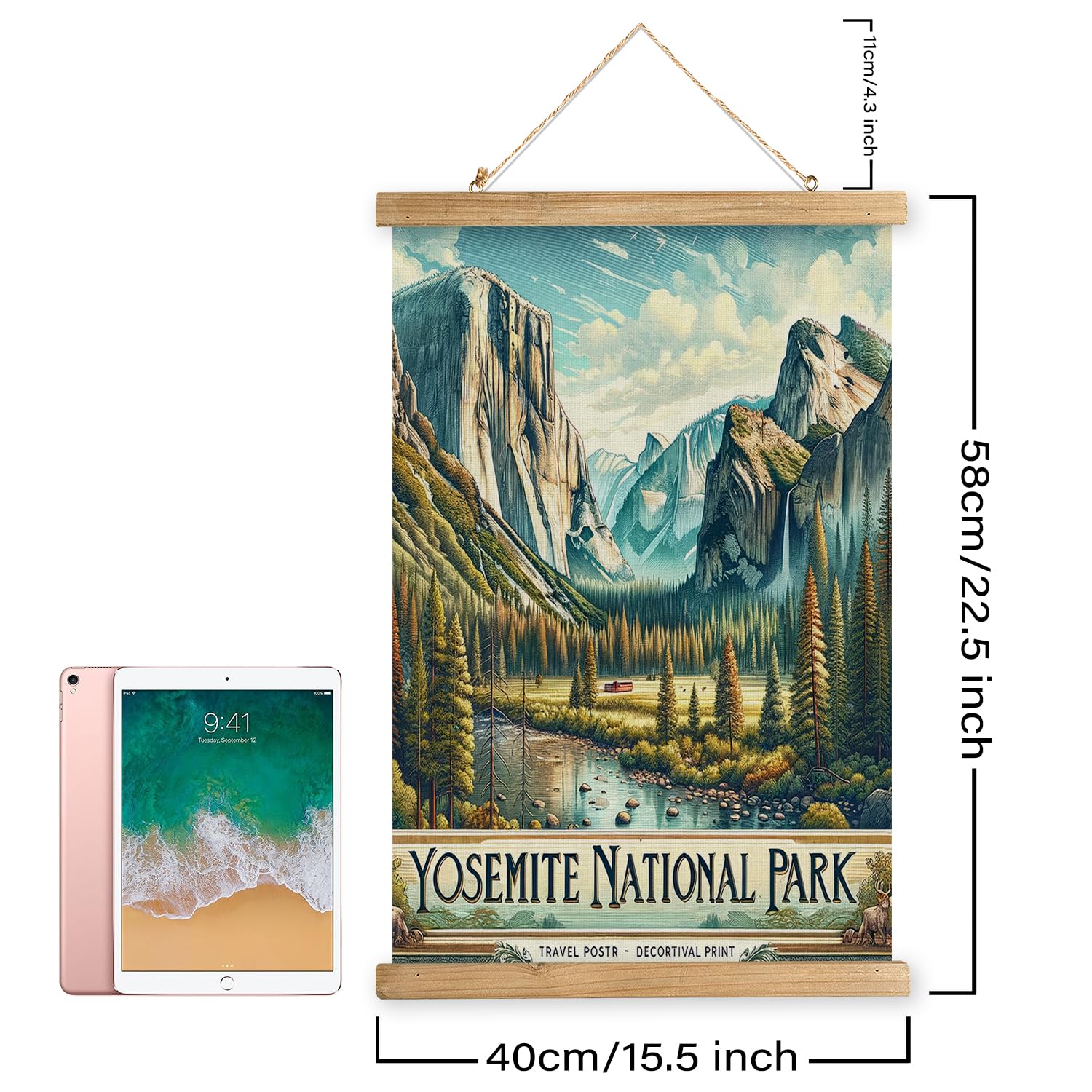 Xiaoaika Vintage Yosemite National Park Travel Poster With Wooden Scroll Frame - Holiday Decoration Or Gift For Living Room, Bed