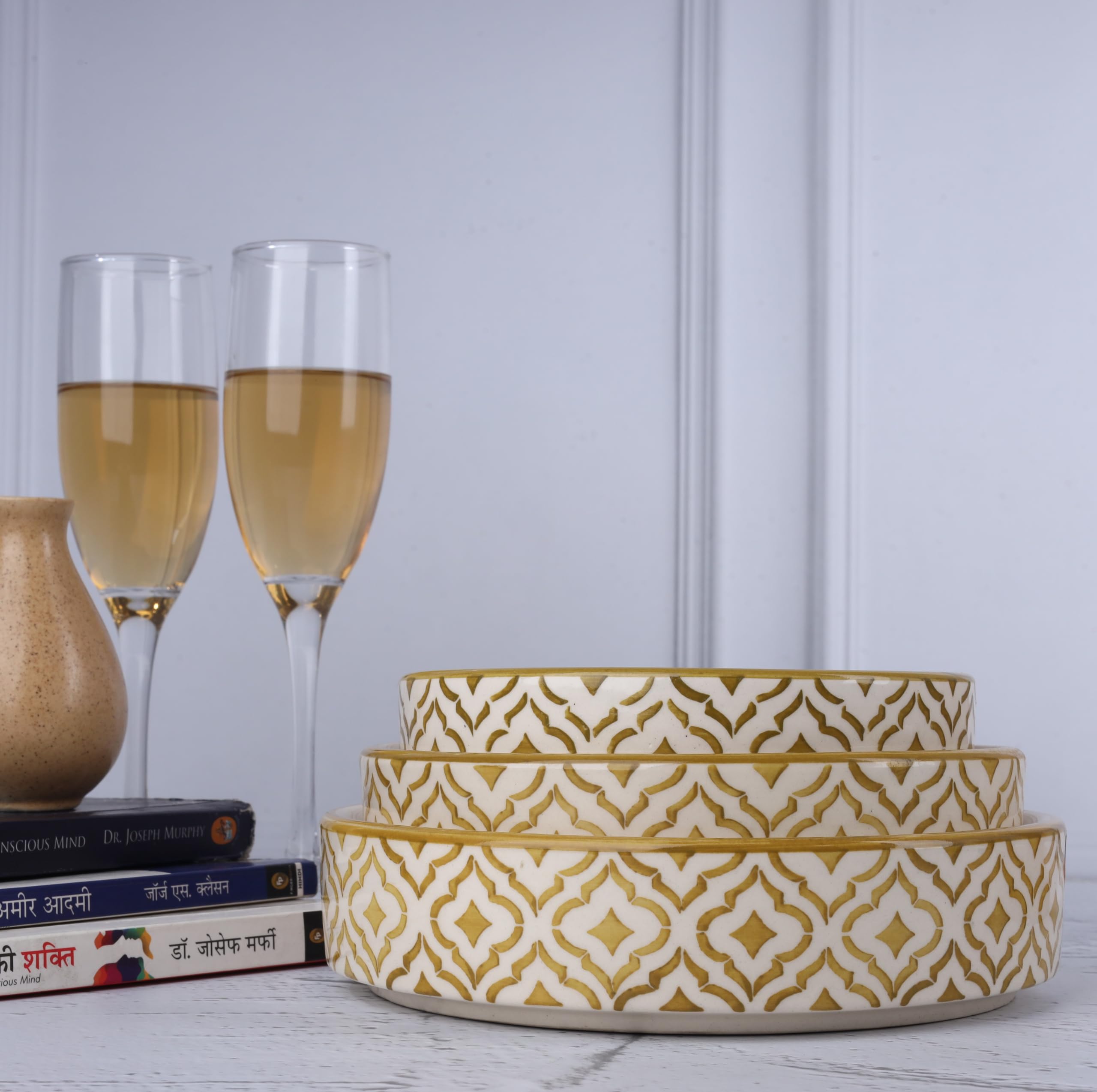 Separate Way Ceramic Flat Deep Serving Bowl Set Of 3, Mix Size - 800Ml, 600Ml, And 500Ml | Glossy Finish | Salad, Snack, Pasta P