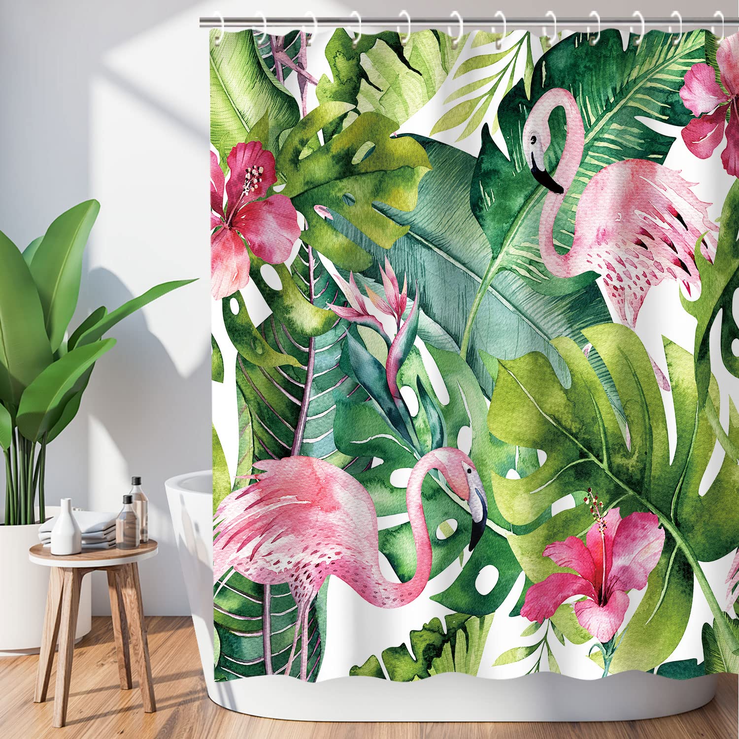Livilan Tropical Shower Curtain, Green Shower Curtain, Flamingo Shower Curtains For Bathroom, Botanical Shower Curtain Set With