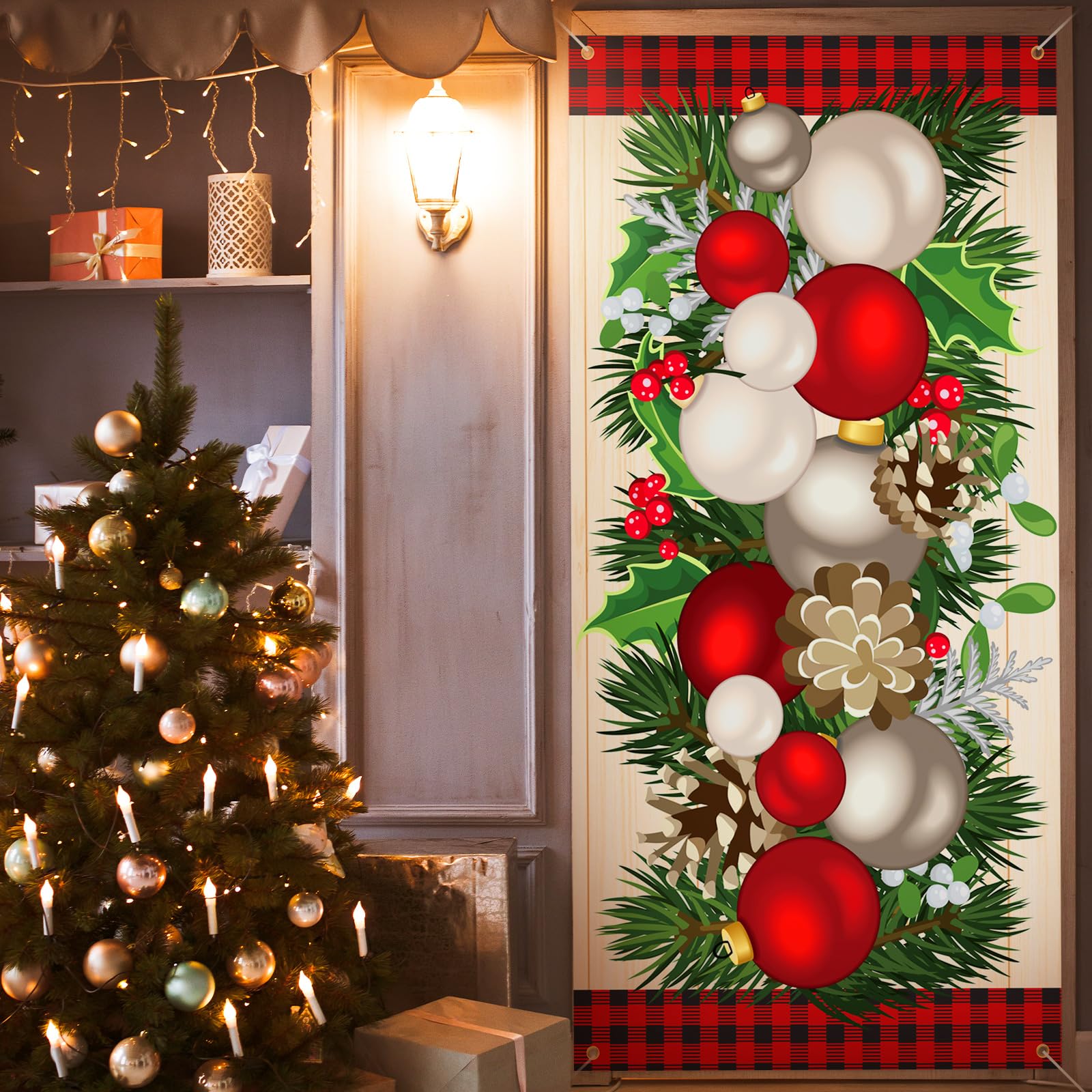 Buryeah Christmas Door Cover Christmas Ball Door Decorations Xmas Photography Background Banner Porch Sign for Front Outdoor Win