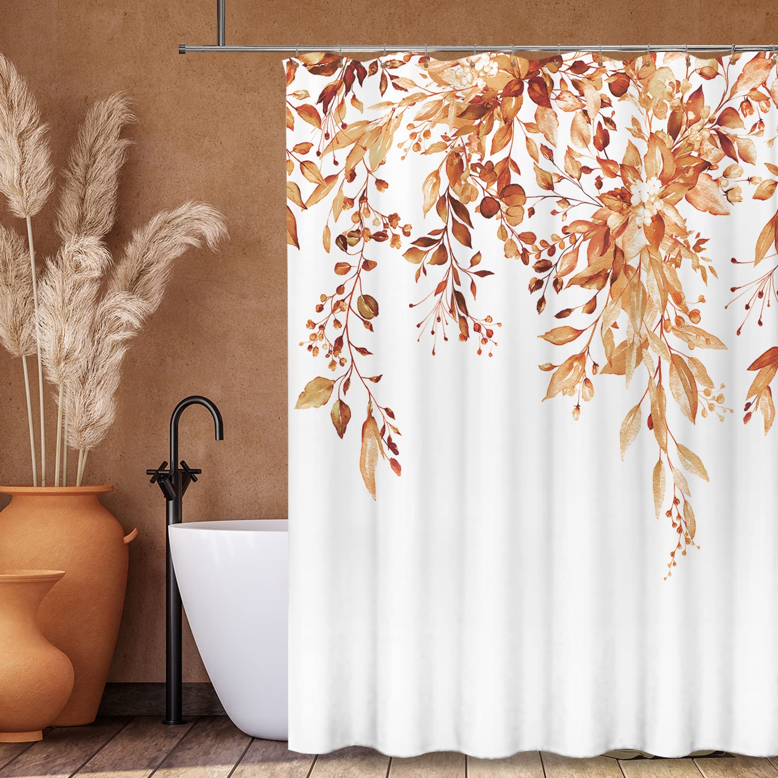 Tititex Orange Eucalyptus Shower Curtain Sets, Watercolor Leaves On The Top Plant With Floral Bathroom Decoration 72X84 Inch Wit