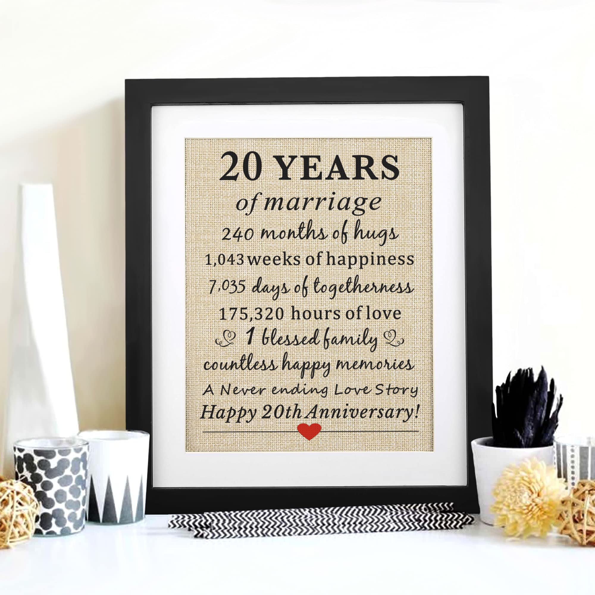 Corfara Framed 20 Years Of Marriage Burlap Print Gifts For 20Th Anniversary For Him Her 20Th Wedding Anniversary For Husband Wif