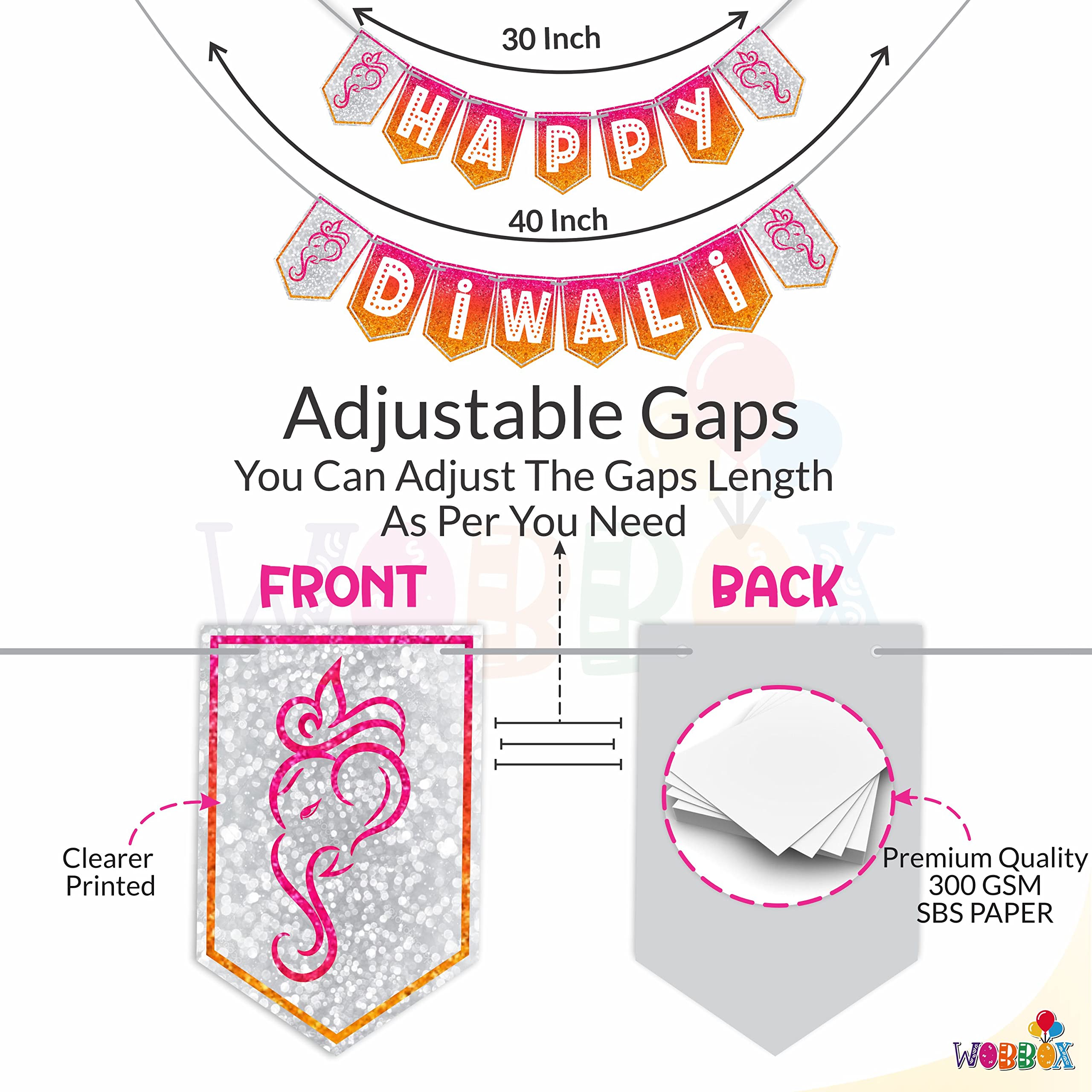WOBBOX Diwali Decoration Bunting Banner, Happy Diwali Pink Red & Yellow Gliter With White Font, Diwali Decoration Item, Diwali D