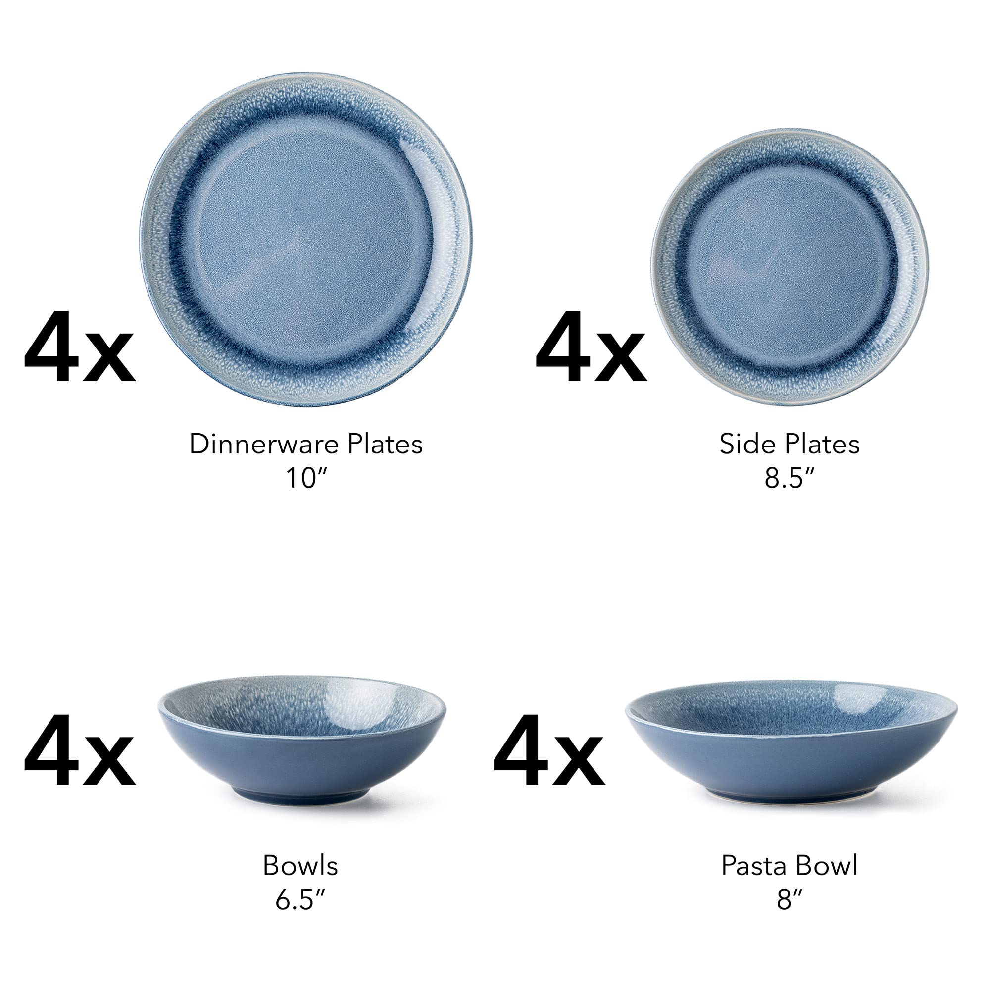 Arora Fait Round Stoneware 16Pc Double Bowl Dinnerware Set For 4, Dinner Plates, Side Plates, Cereal Bowls, Pasta Bowls - Reacti