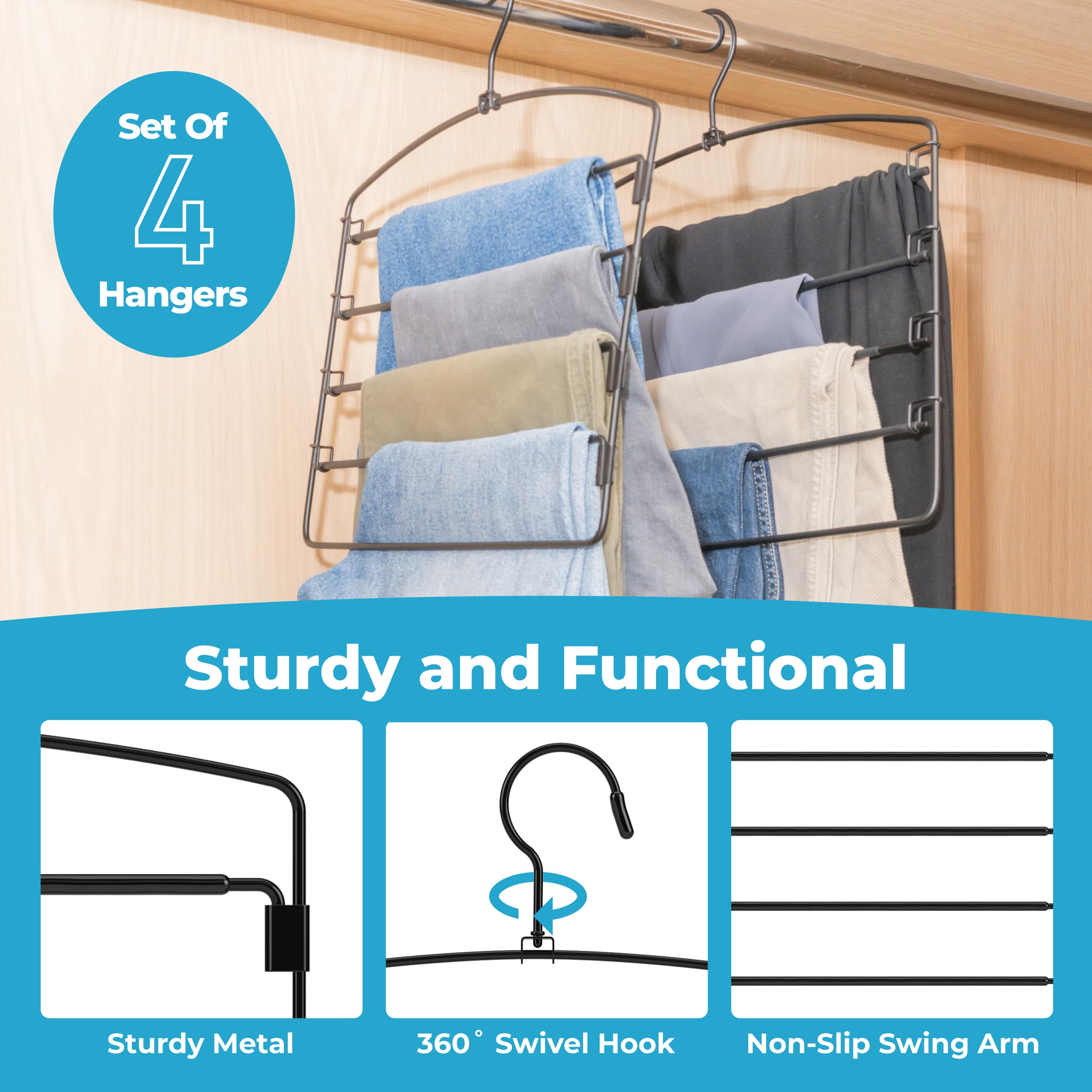 Fontaines Luxury 5 Tier Pants Hangers 4 Pack - Ultra Slim & Space Saving - Heavy Duty Metal Swivel Hook With Swing Arm For Cloth