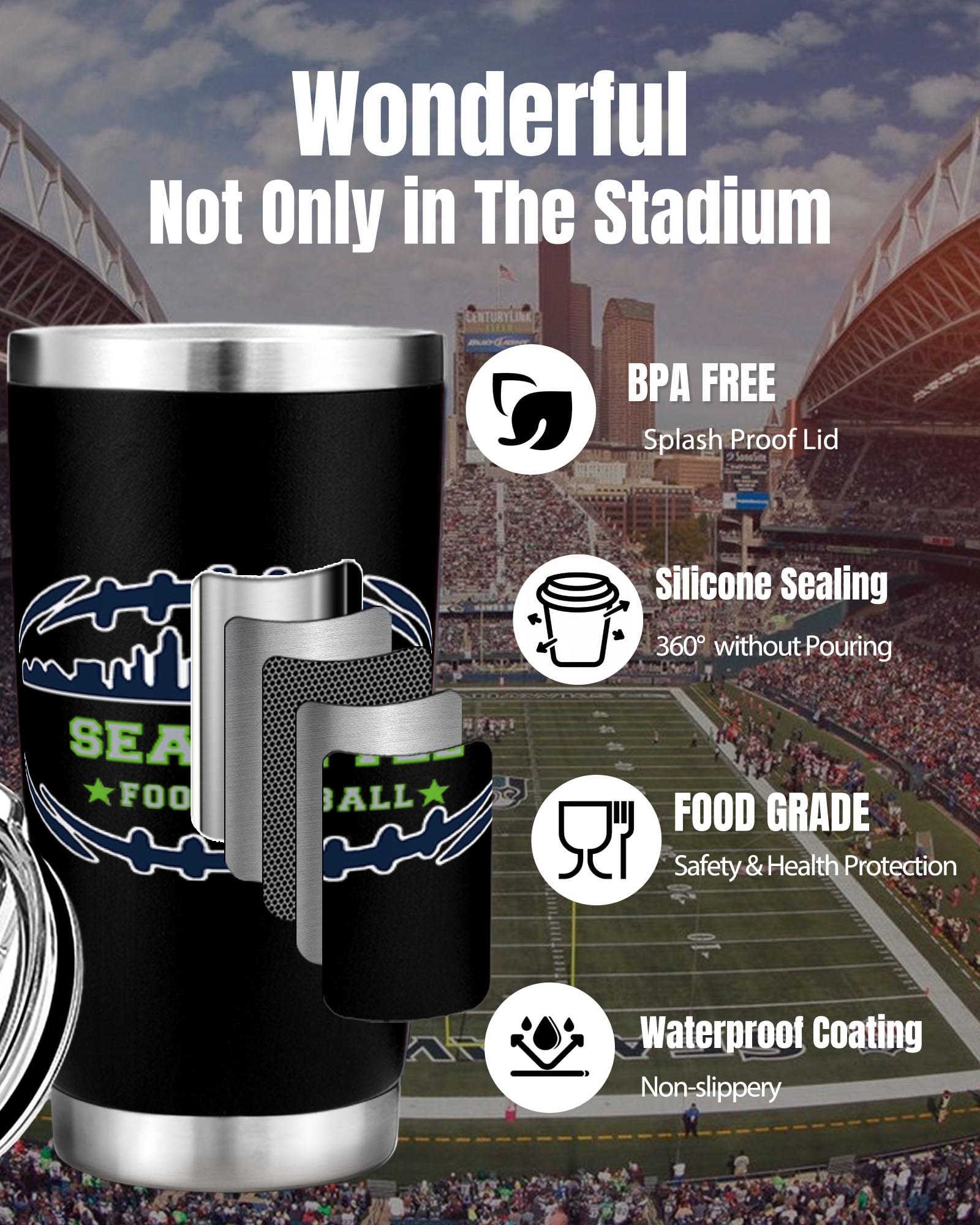 Football Fan 20 Oz Insulated Travel Coffee Cup Mug Tumbler with Lid Seattle Themed Merch Shop Men Women Sport Gear Apparel Seaha