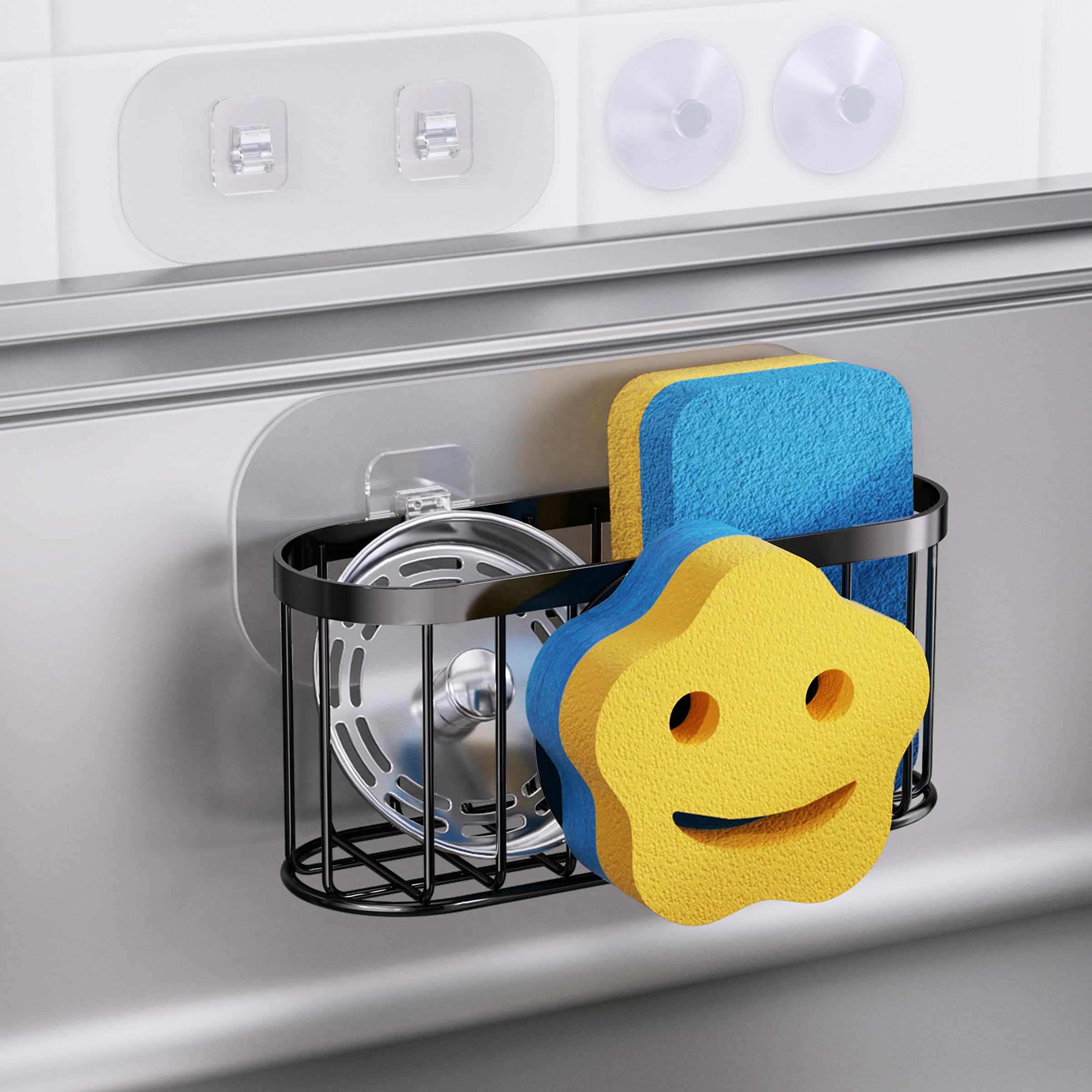 HapiRm Sink Caddy Sponge Holder - 2 Installation Ways Kitchen Sink Organizer with Smiley Face Sponge Holder, Stainless Steel Kit