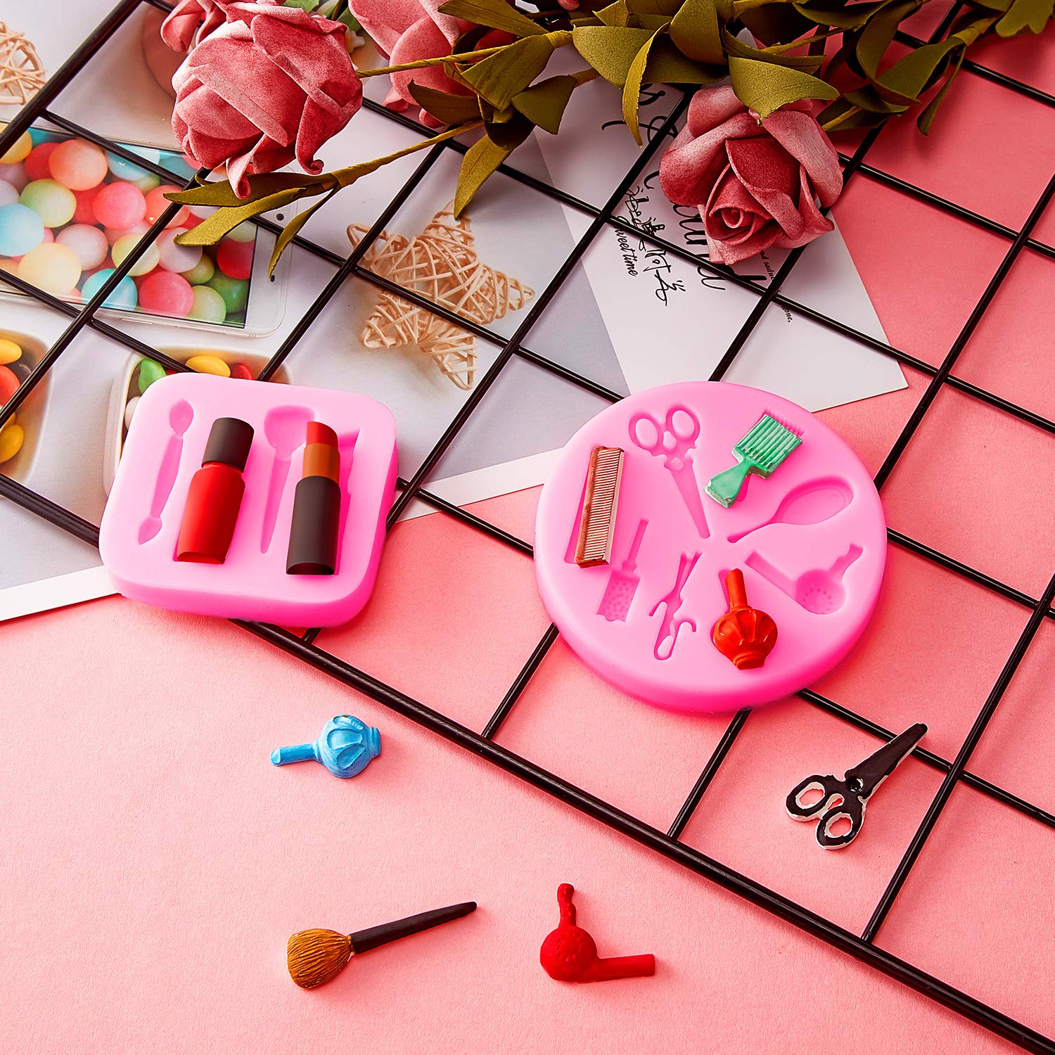 2 Pieces Makeup Tools Design Fondant Cake Molds Makeup Designed Silicone Molds Scissors Hair Tools Shaped Fondant Mold For Choco