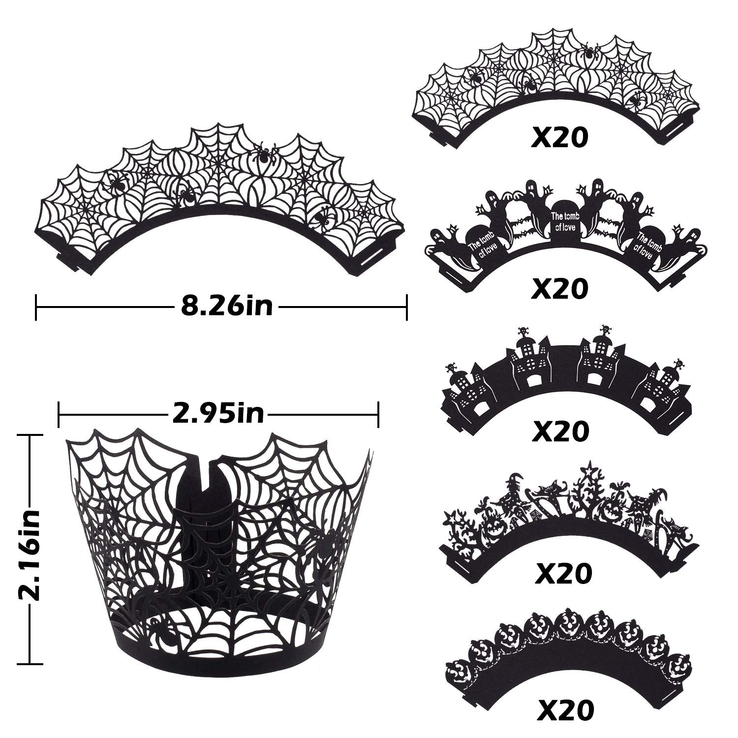 Whaline 100 Pcs Halloween Cupcake Wrappers, Artistic Bake Paper Cups Black Laser Cut Cupcake Liners Cake Decoration For Hallowee