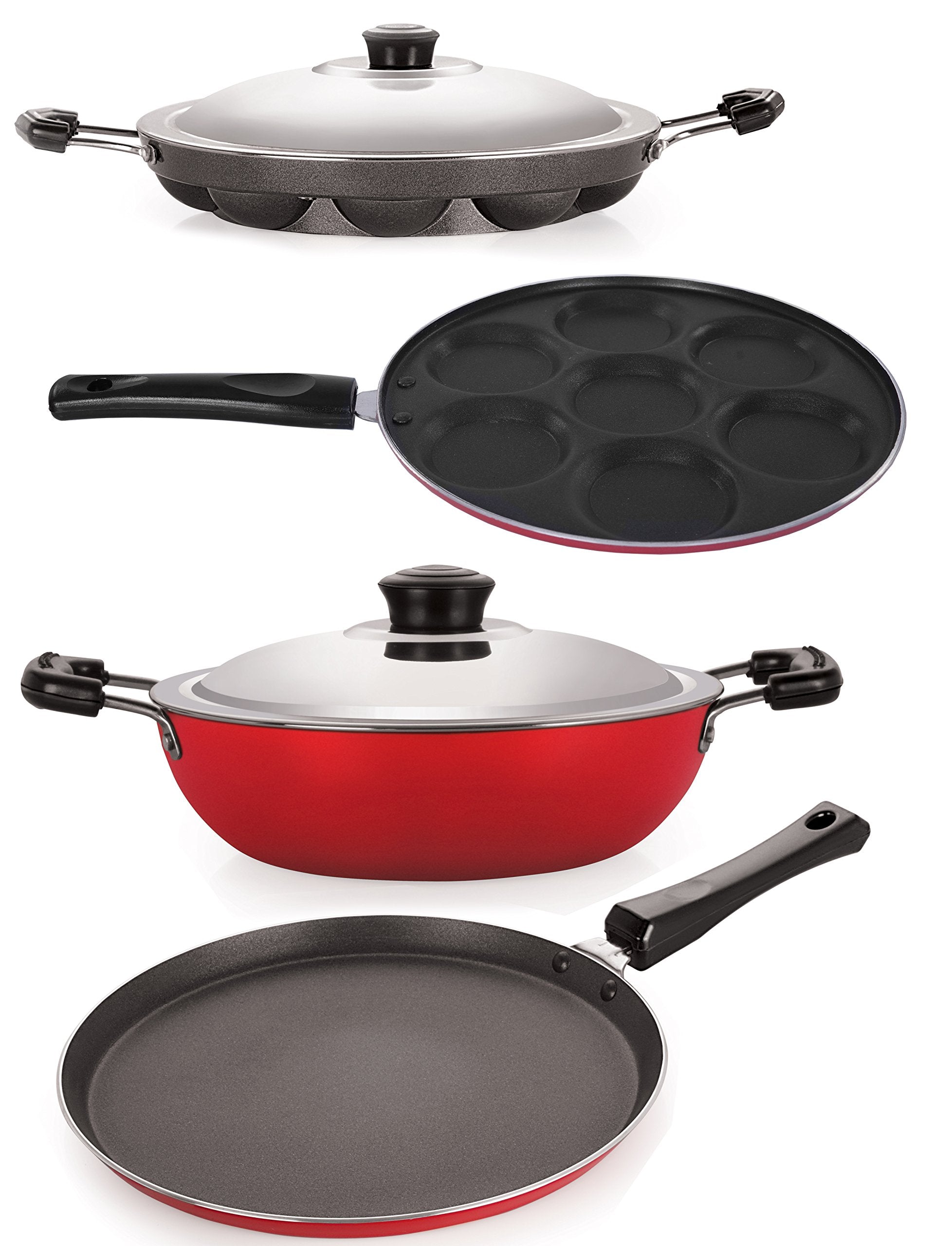 Nirlon NonStick Aluminium Cookware Set, 4Pieces, Red & Black