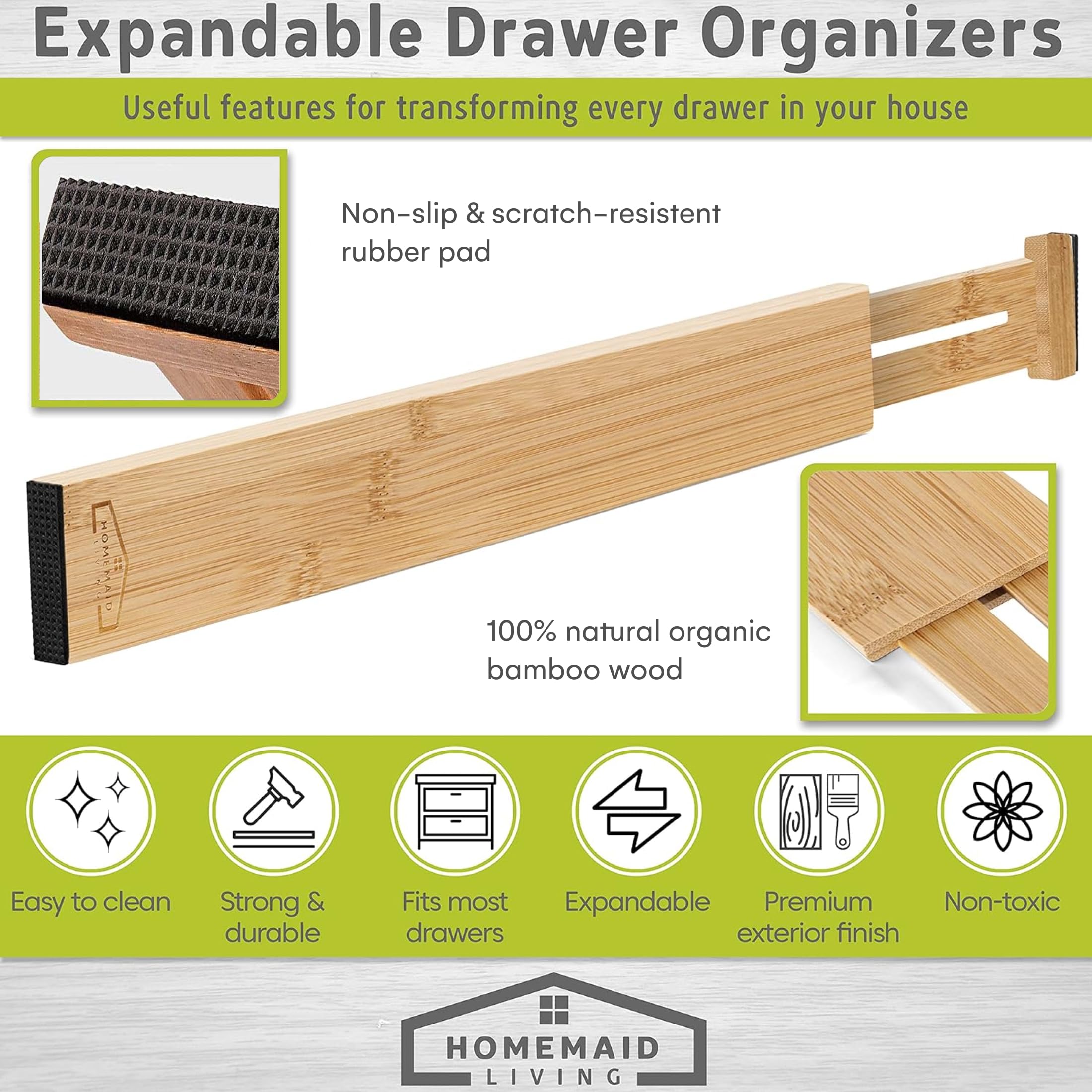 Homemaid Living Bamboo Drawer Organizer Adjustable and Expandable - Ideal Drawer Dividers for Kitchen, Dresser, Bedroom and Bath