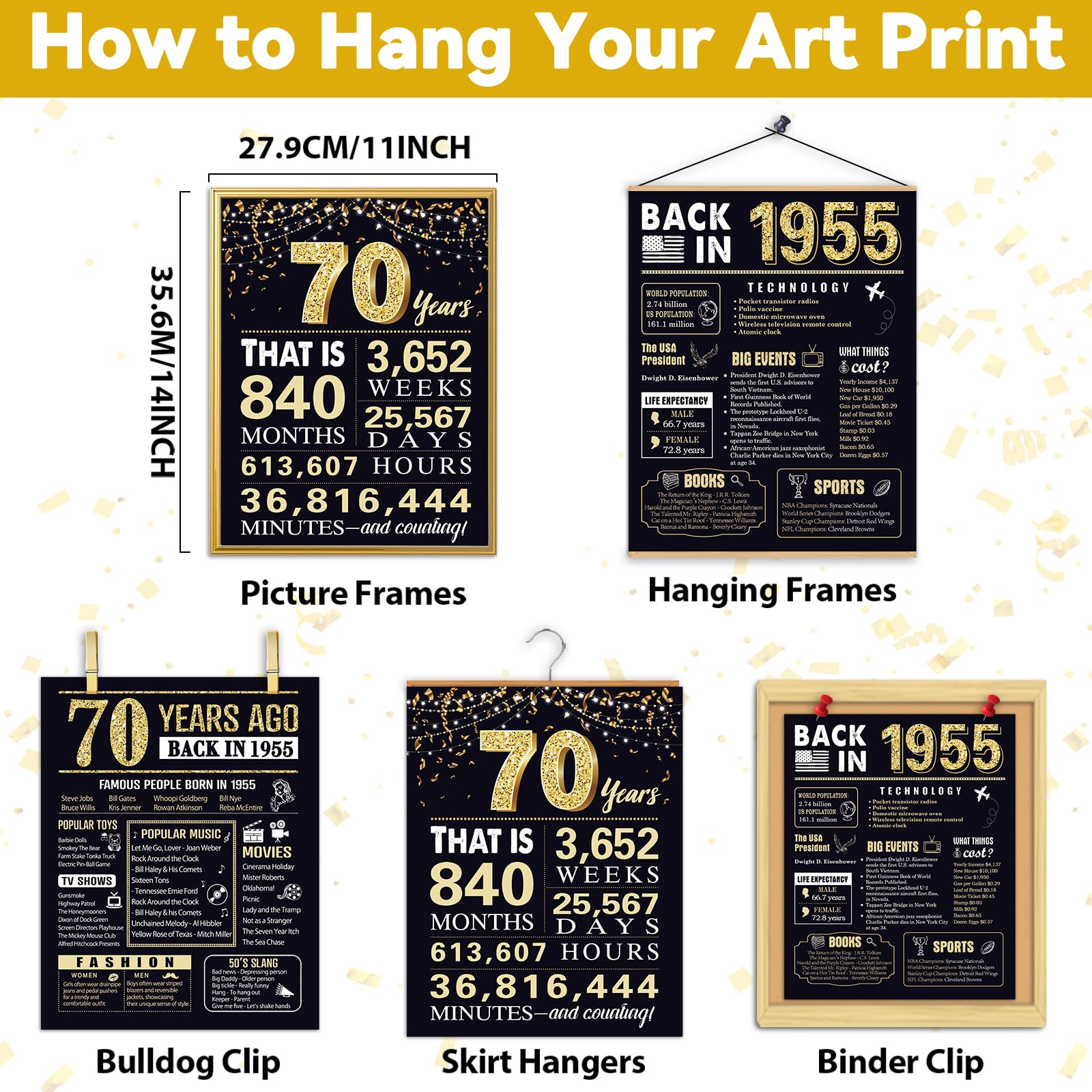 70 Years Ago 70th Birthday Wedding Anniversary Poster 3 Pieces 11 x 14 50s Party Decorations Supplies Large Sign Home Decor Black & Gold Wall Art Prints for Men and Women (Back in 1954-70 Years)