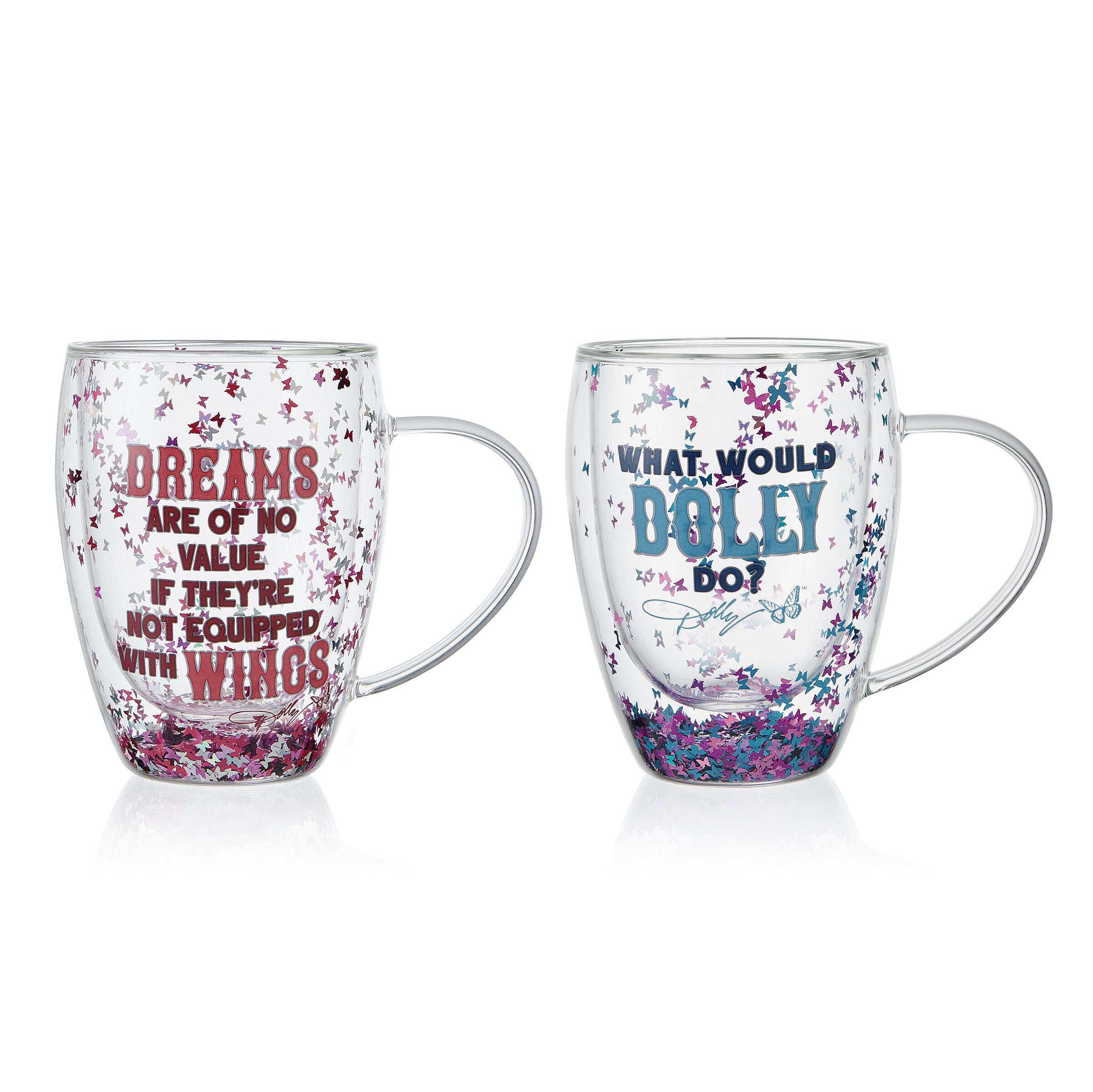 Dolly Parton Set of 2 Double Walled Butterfly Confetti Glass Coffee Tea Mugs Uplifting Sayings Large Handle Gift Box Included, 1