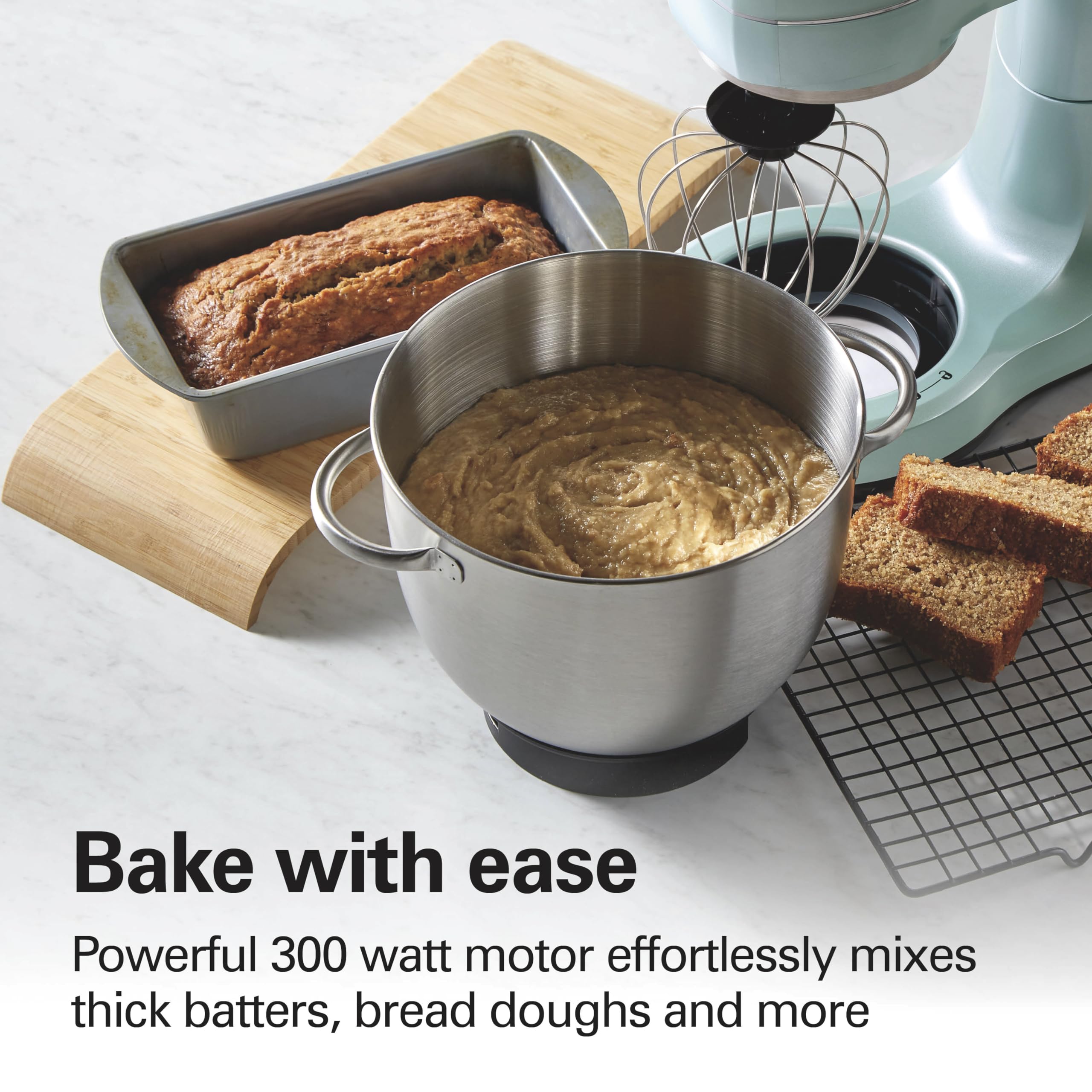 Hamilton Beach Electric Stand Mixer, 4 Quarts, Dough Hook, Flat Beater Attachments, Splash Guard, 7 Speeds With Whisk, Aqua