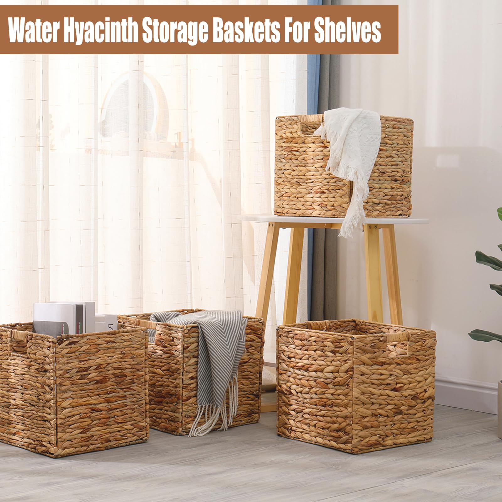 Wicker Storage Basket Water Hyacinth Woven Basket Wicker Storage Cubes,Foldable Baskets For Shelves,Handwoven Laundry Totes For
