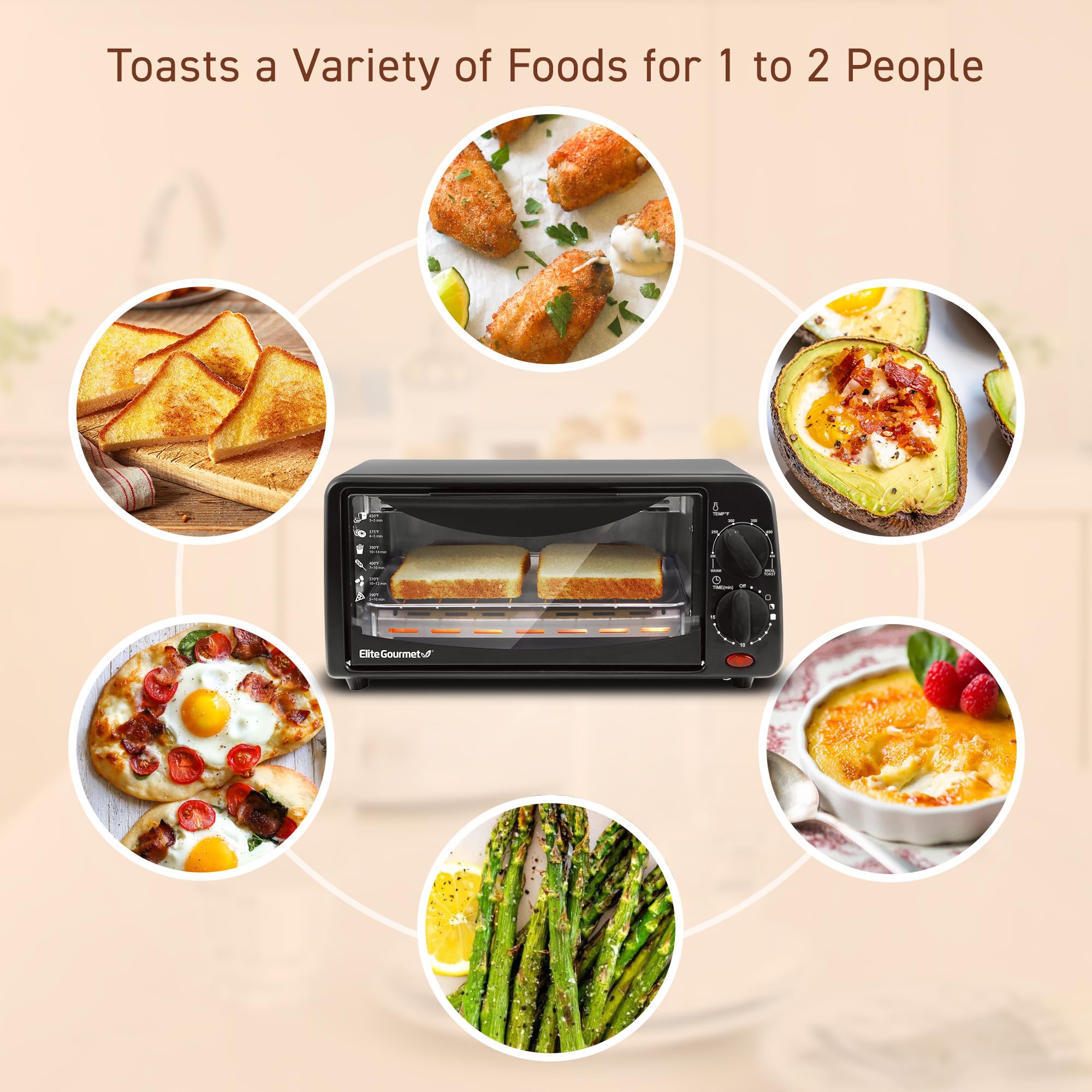 Elite Gourmet ETO236 2 Slice Toaster Oven - Compact, Adjustable Temperature, Black