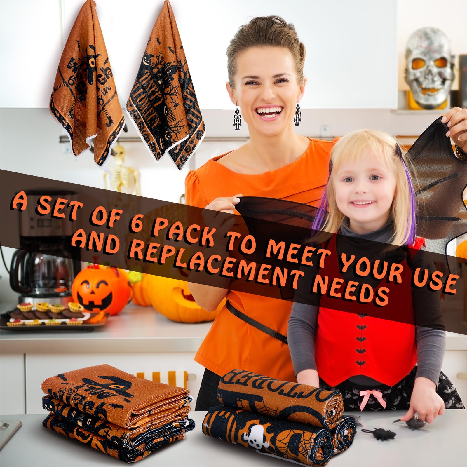 Ganeen 6 Pcs Halloween Kitchen Towels Dwarfs Cobwebs Witches Castles Dish Fiber Fingertip Hand Tea Towels 14.2 x 21.3 Inch for S