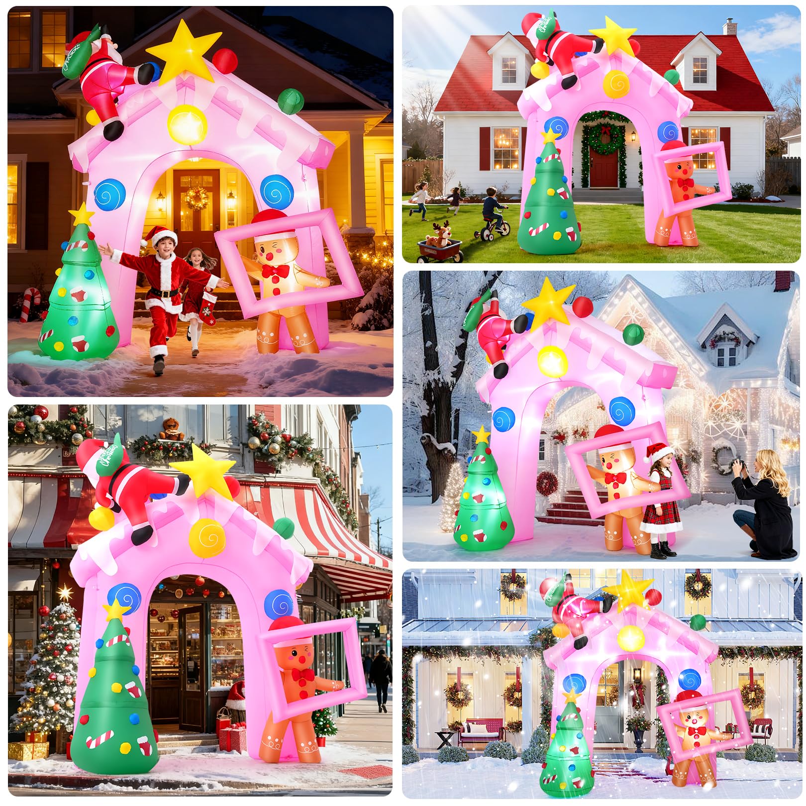 10 FT Pink Christmas Inflatable Archway with Build-in LED Lights, Candy House/Gingerbread Man/Christmas Tree/Santa/Star, Blow Up