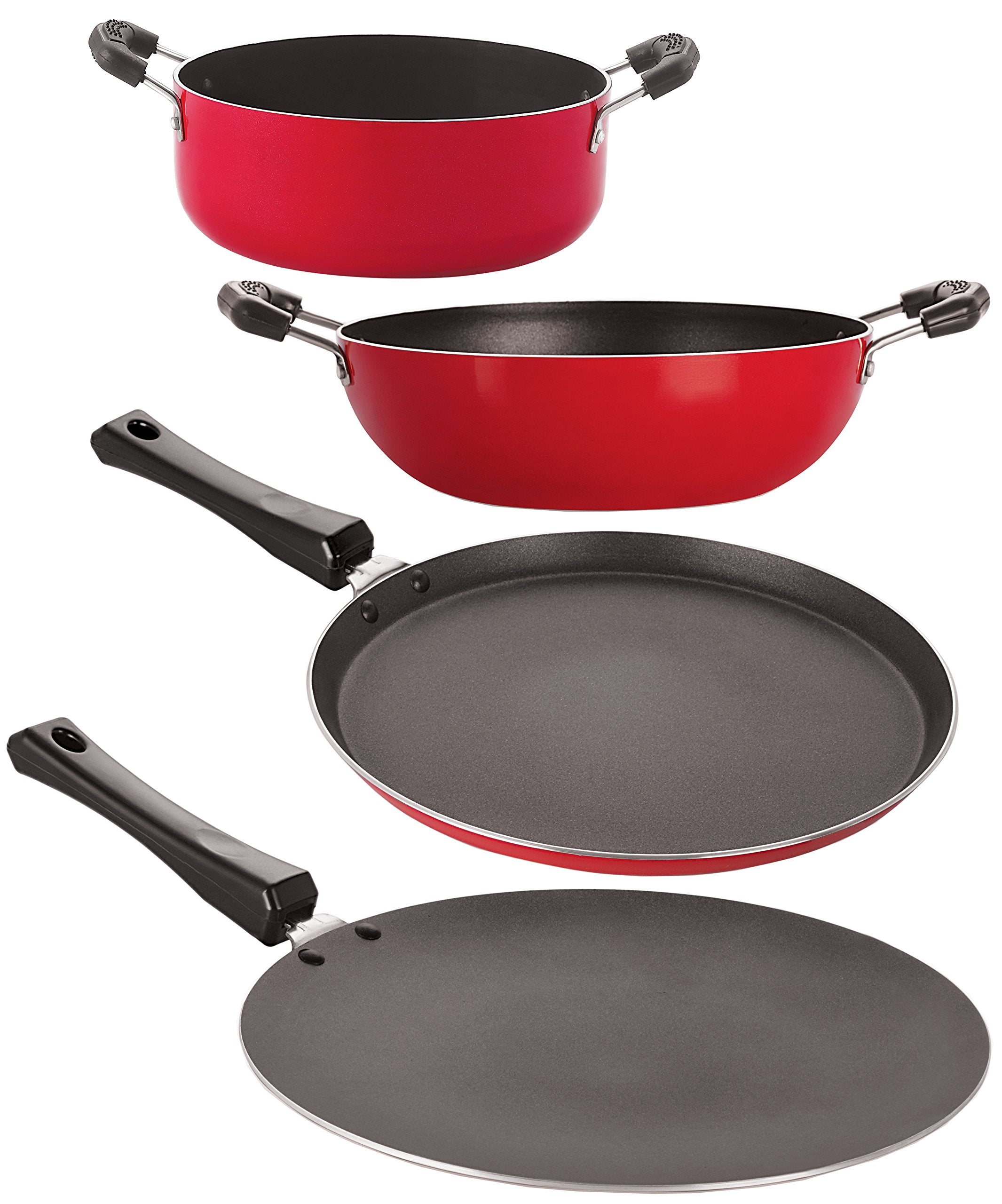 Nirlon NonStick Aluminum Cookware Set, 4Piece, Red And Black (26_Ct_Kd14_Ft10_Cass20)