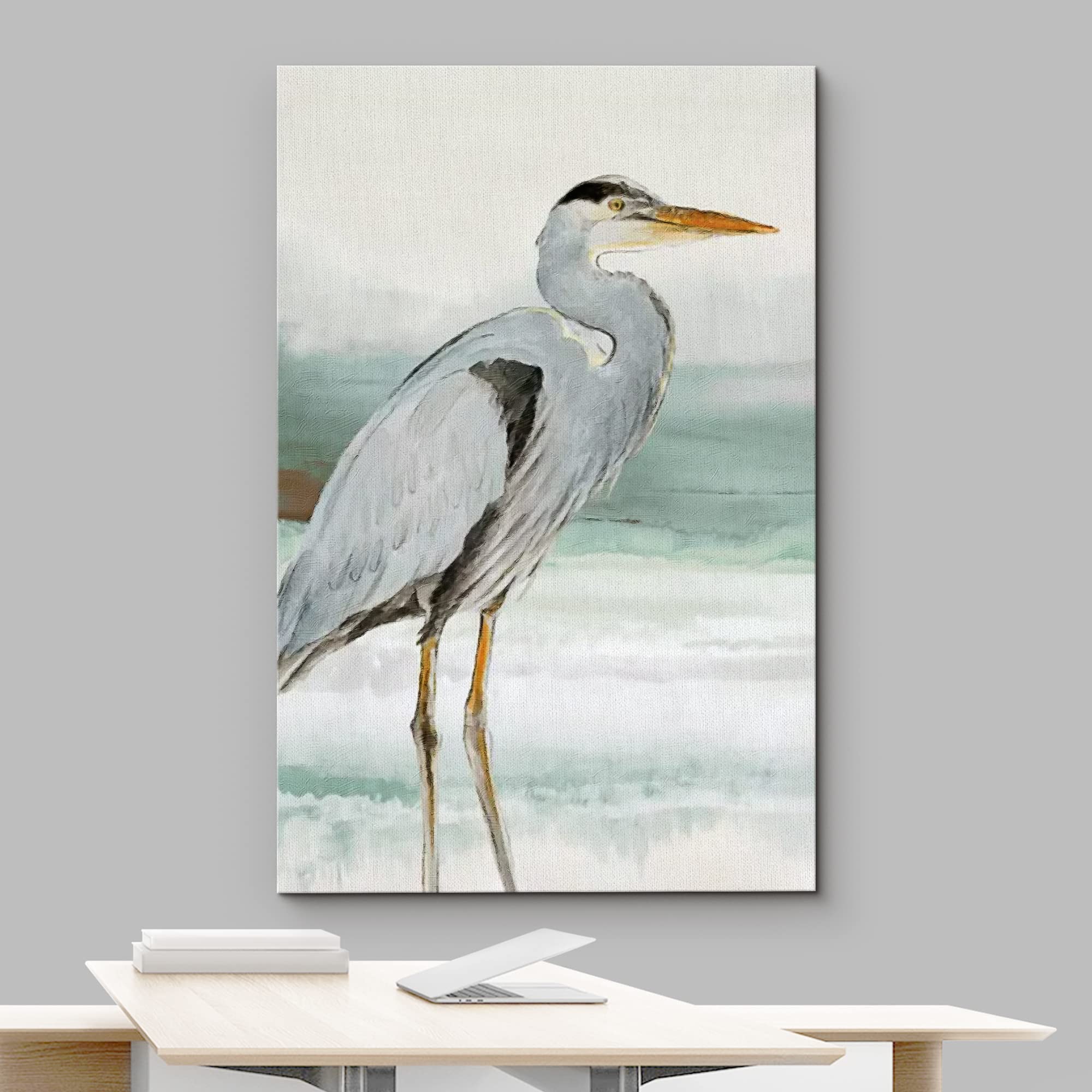 Wall26 Canvas Print Wall Art Pastel Beach Wave Ocean Crane Bird Nature Wilderness Illustrations Modern Art Decorative Multicolor