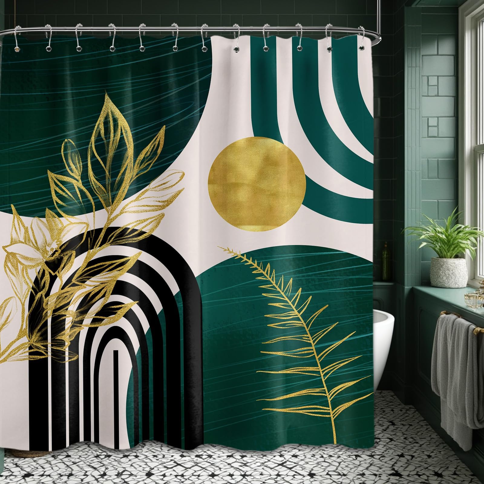 Qghot Dark Green Shower Curtain Boho Mid Century Modern Emerald Hunter Green And Gold Shower Curtains For Bathroom Decor, Waterp