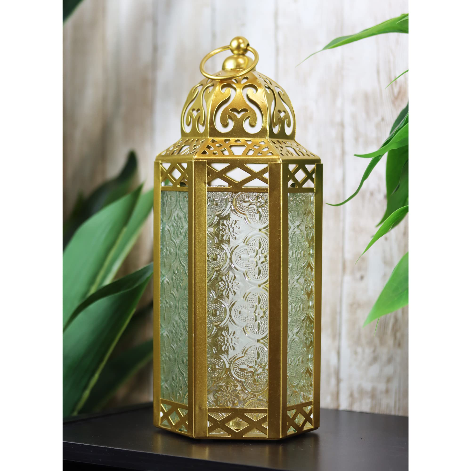 VELA LANTERNS 10.5 Gold Moroccan Candle Lantern Decorative Candle Holder Lamp for Table or Hanging, Ramadan Decorations, Indoor