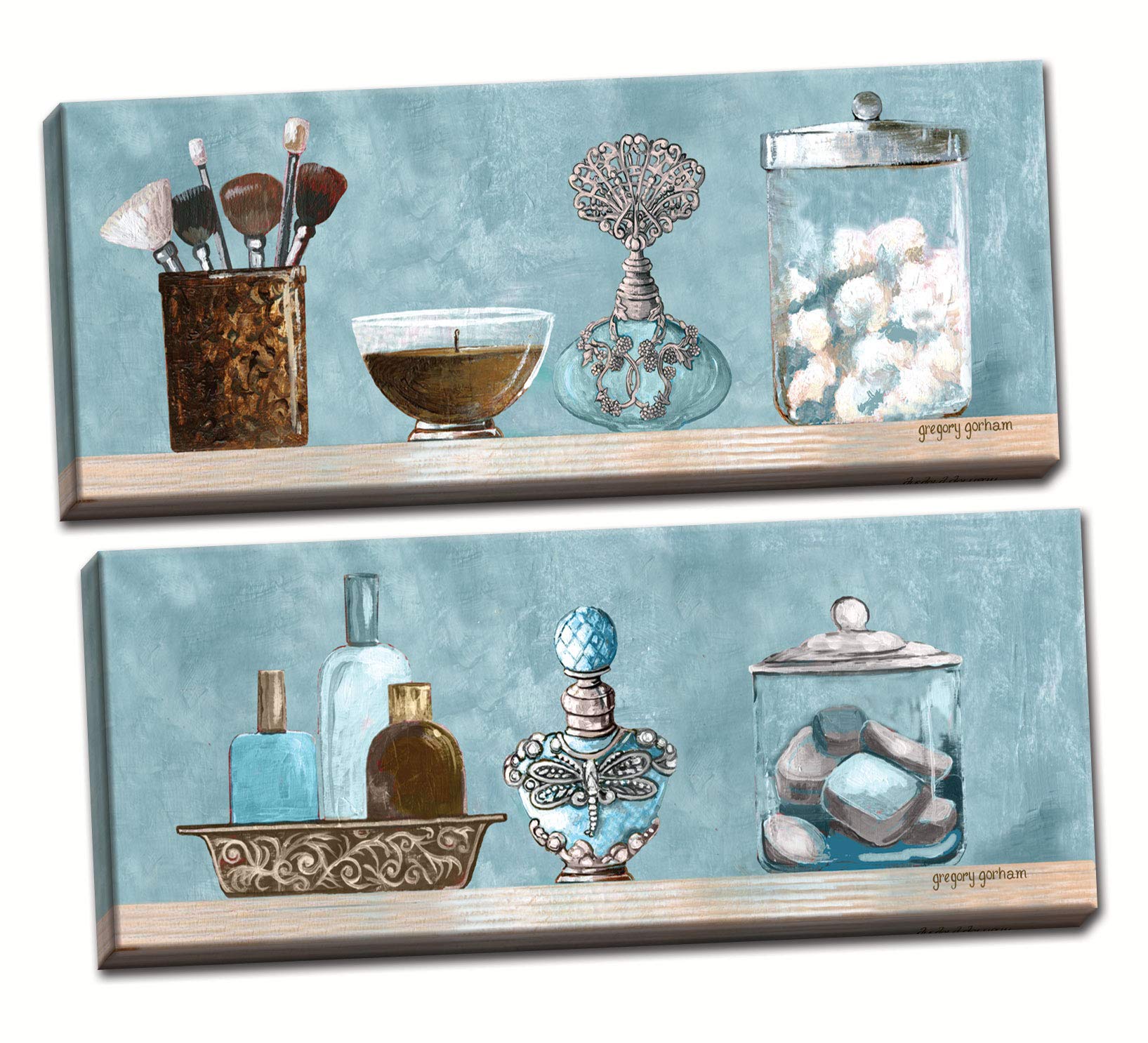Powder Blue Bathroom Scenes Panels, Two 18X6 Hand-Stretched Canvas. Blue/Brown