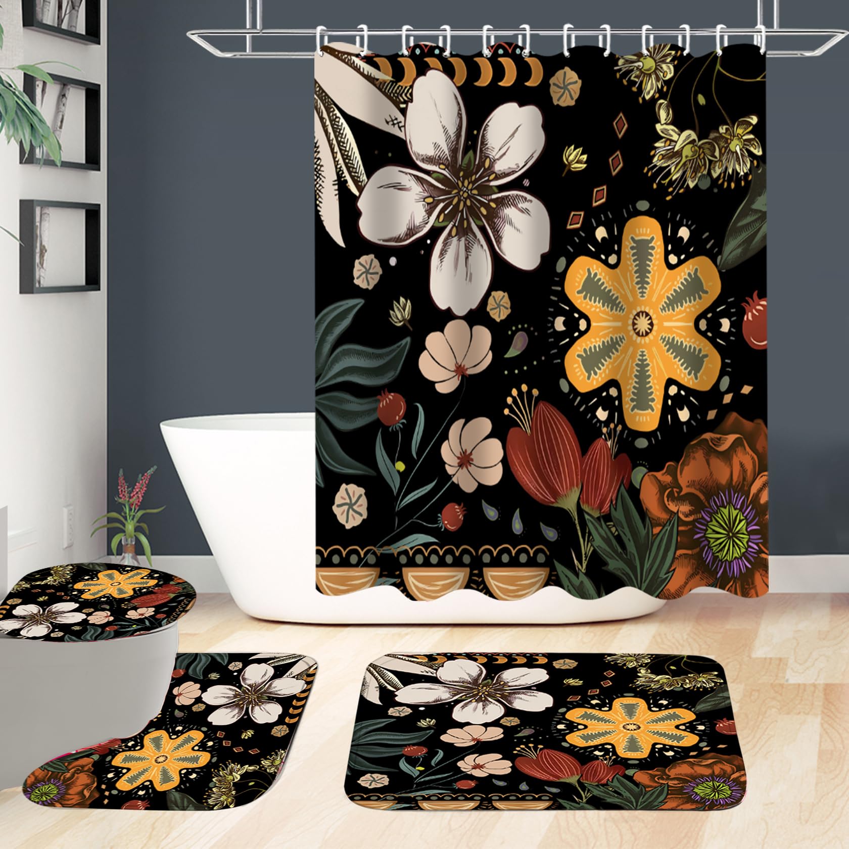 Xswpl Shower Curtain Set 4 Pcs Black Bathroom Sets With Shower Curtain And Rugs Boho Bathroom Curtains Shower Set Bathroom Decor