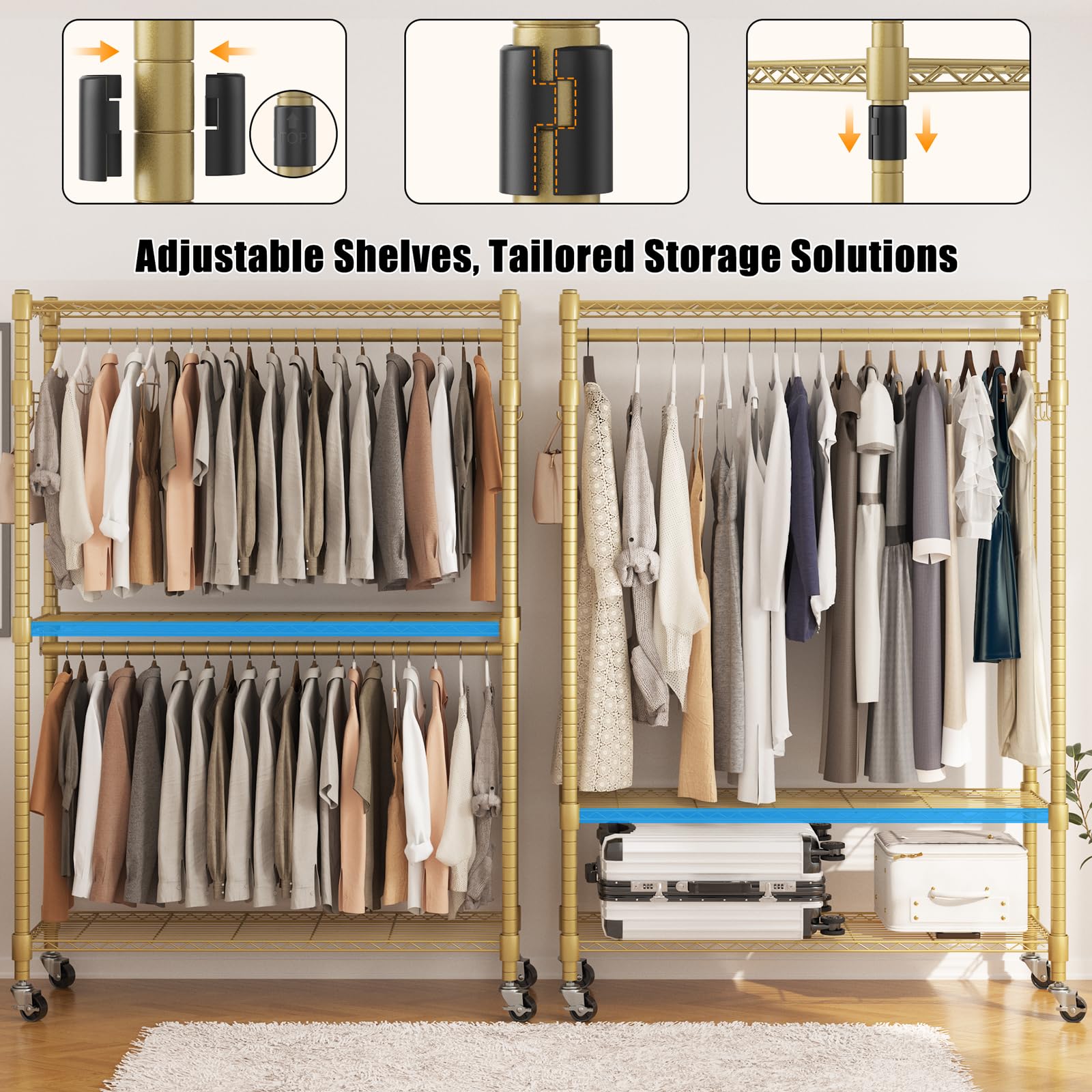 Bathwa Heavy Duty Garment Rack On Wheels, Rolling Clothes Racks For Hanging Clothes, Modern Closet Wardrobe Clothing Rack With 8
