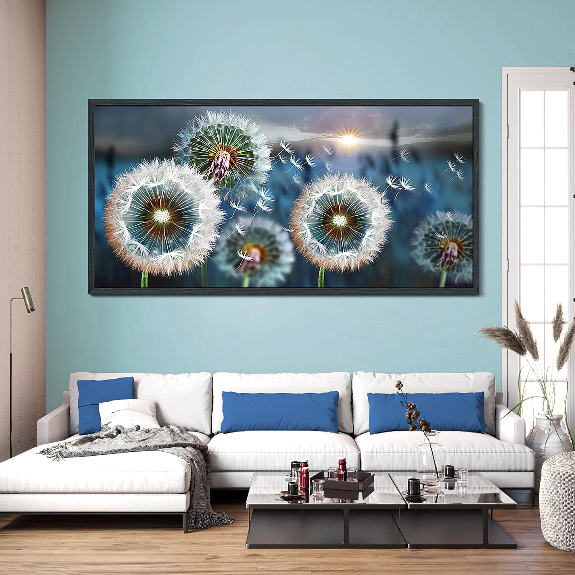 Black Framed Wall Artlarge Wall Art Dandelion Theme Canvas Art Wall Decor For Living Room Abstract White Dandelion Sun Blue Land