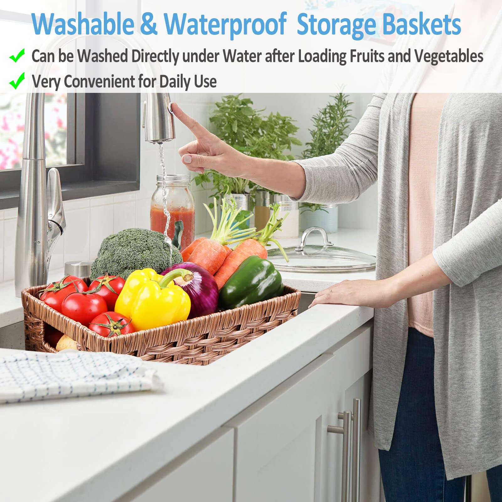 Rosos Wicker Baskets 2 Pack, Rectangular Wicker Storage Basket With Handles, Waterproof Plastic Large Wicker Baskets For Storage