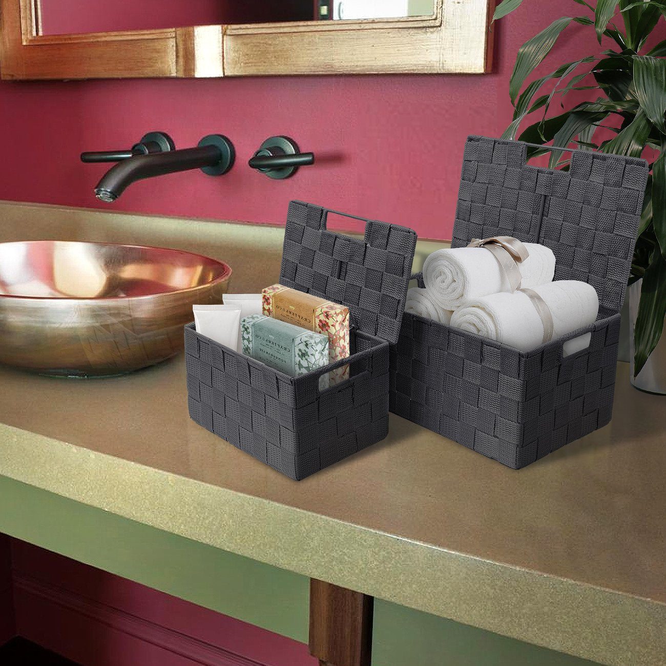 Sorbus Set Of 3 Storage Baskets For Organizing With Lid, Mesh Hand-Woven Basket, Linen Closet Organizers And Storage, Organizer