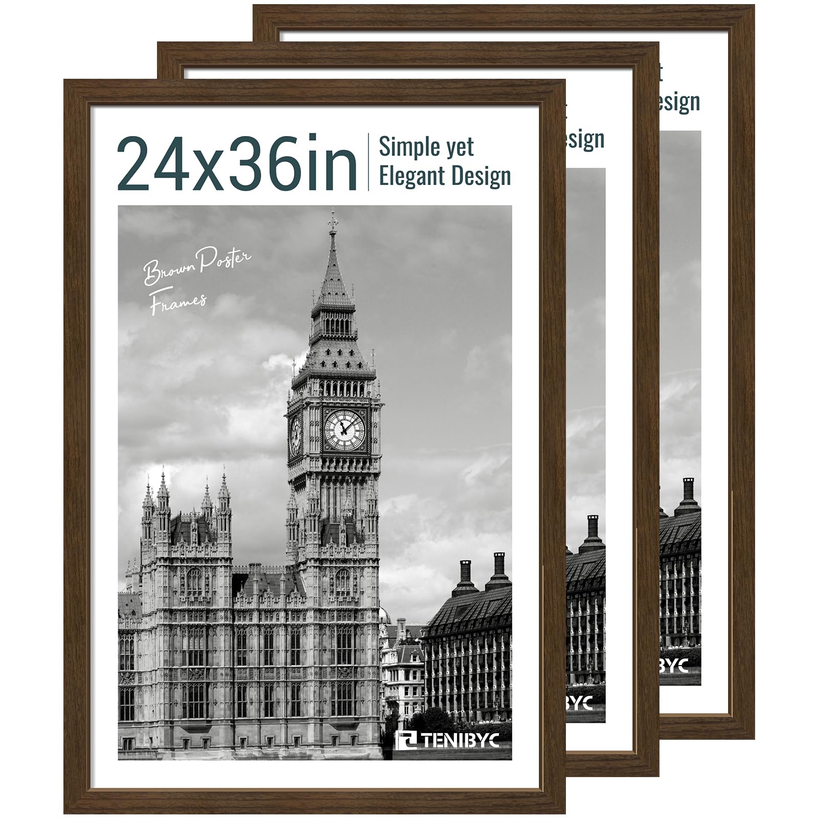 TENIBYC 24x36 Poster Frame 3 Pack - Brown Woodgrain, Wood Picture Frame, Wall Gallery Frame - Wall Hanging