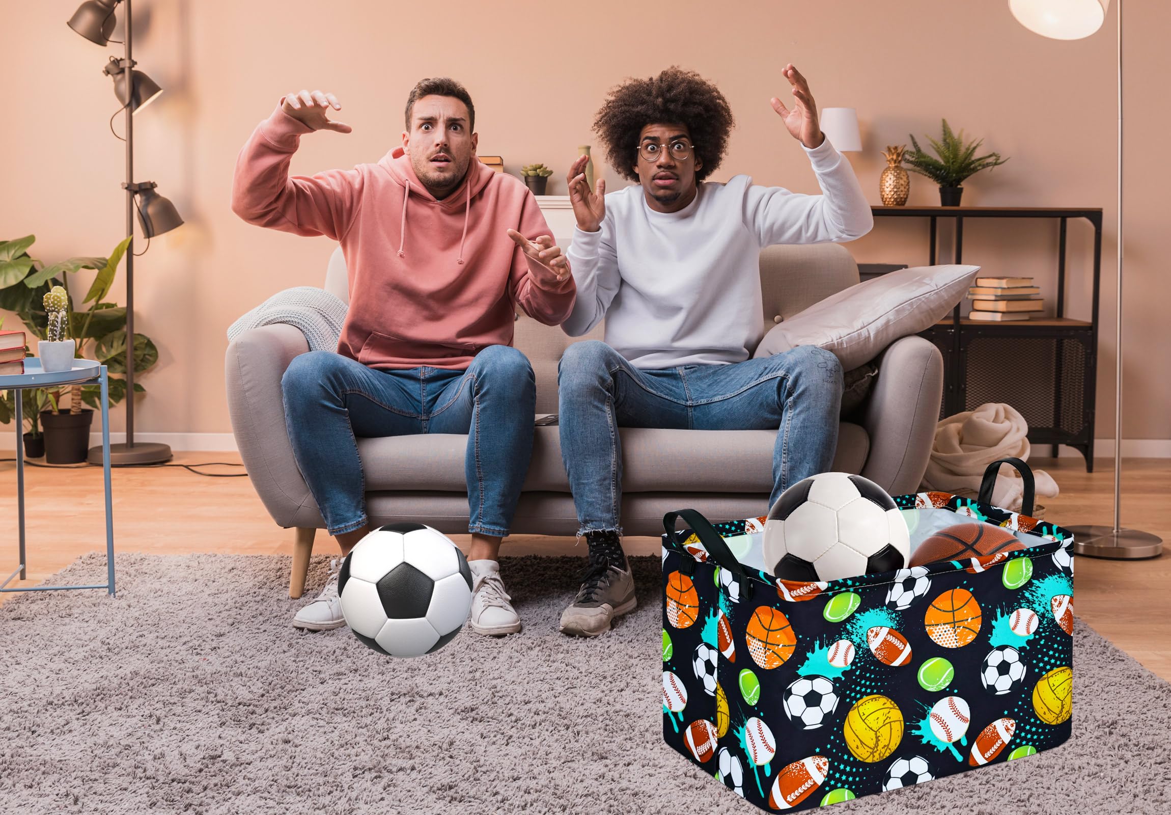 KUNRO Football Basketball Balls Pattern Storage Shelf Basket Baby Storage Bin, Kids Toy Basket Organizer Box with Handles for Bo