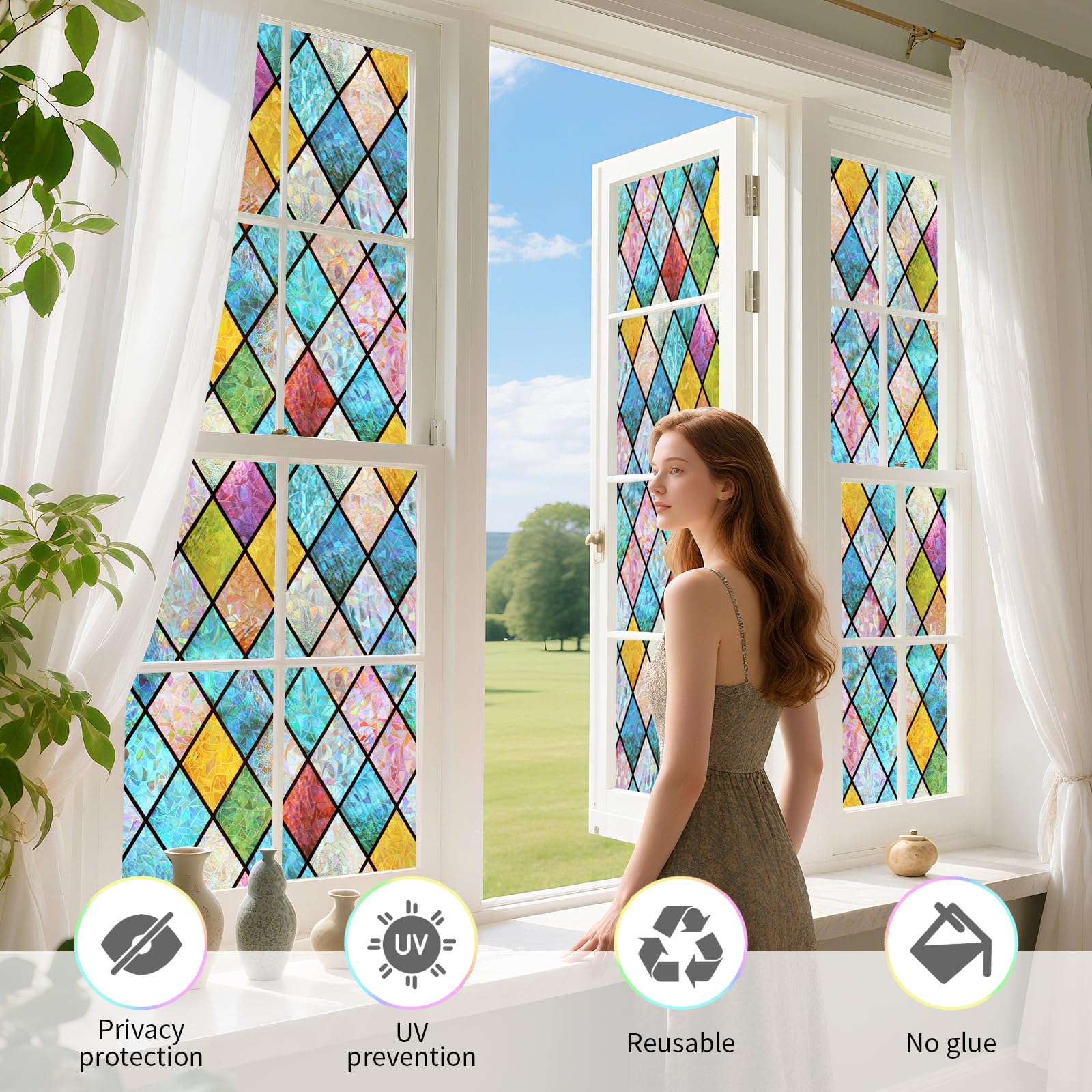 WPCTEV 3D Window Film No Glue Privacy for Glass Sticker Static Cling Heat Control Anti UV Non-Adhesive Decorative Rhombus 29.5 I