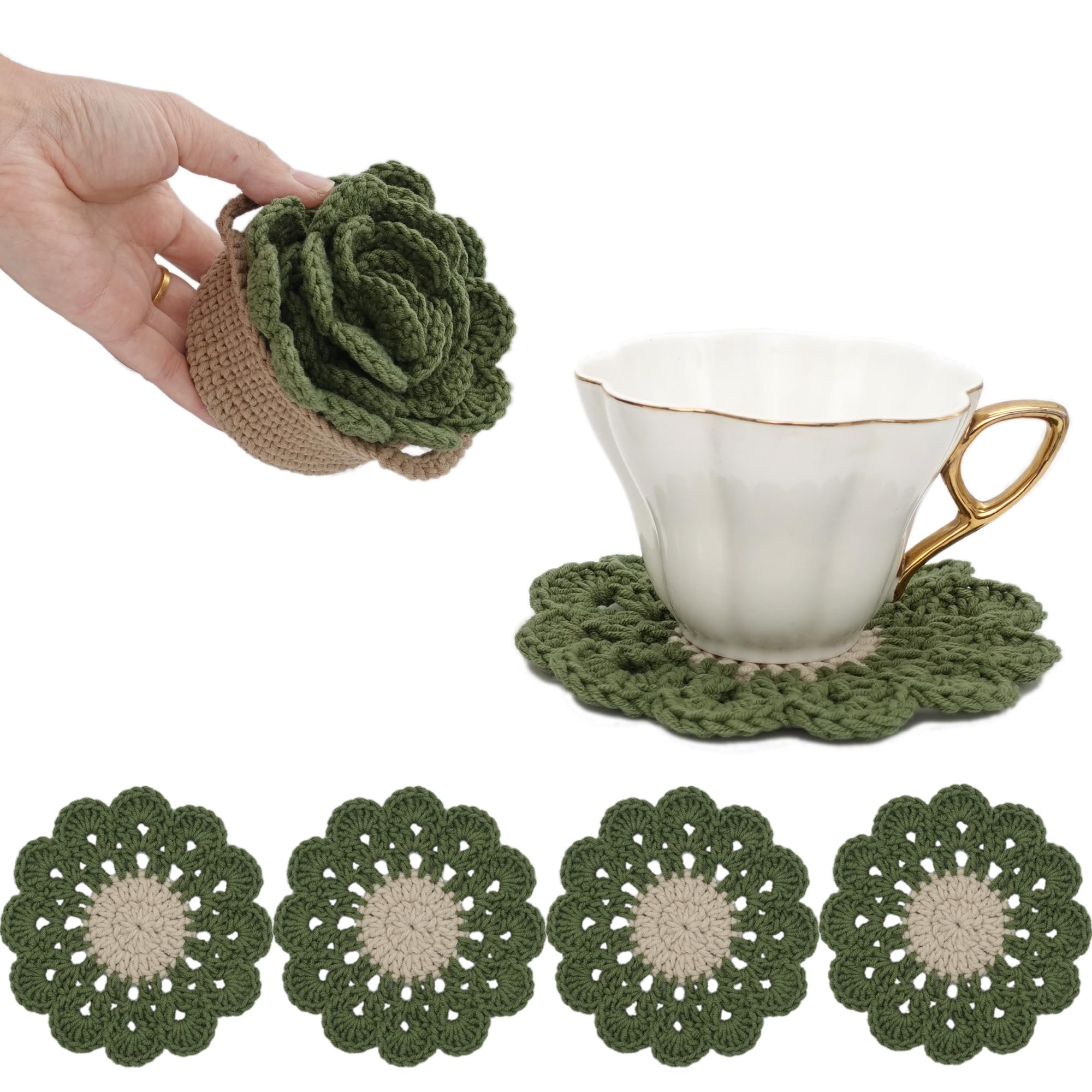 Dicha Crochet Leaf Pot Coasters-Container Beverage Coaster Sets With Holder Bar Coasters For Drinks Coffee Table Desk-Succulent
