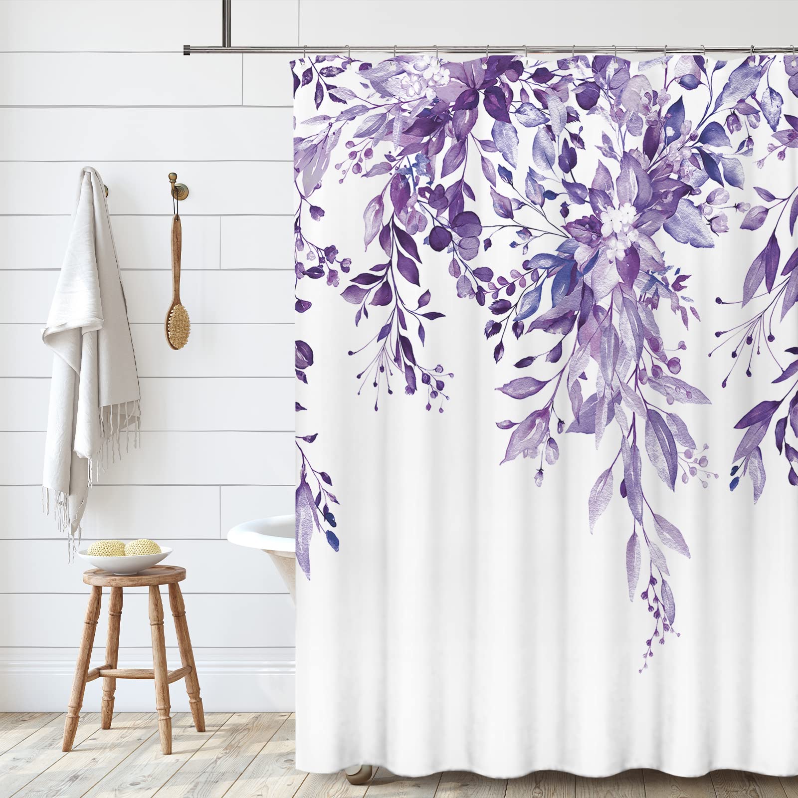 Tititex Purple Eucalyptus Shower Curtain Sets, Watercolor Leaves On The Top Plant With Floral Bathroom Decoration 60X72 Inch Wit