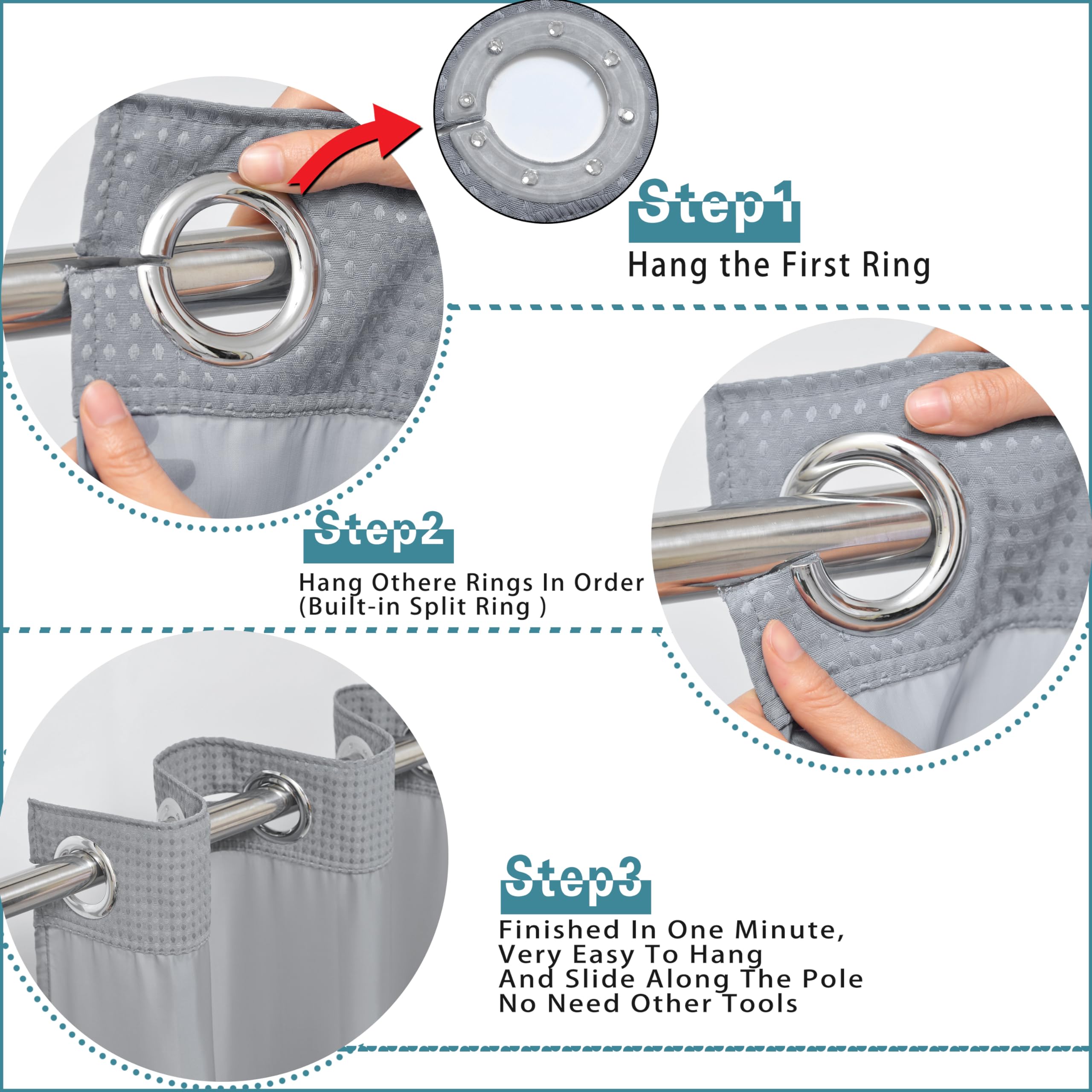 Conbo Mio Hotel Grade Fabric Shower Curtain Set With Snap In Liner For Bathroom With See Through Top Window, Waffle Weave Shower