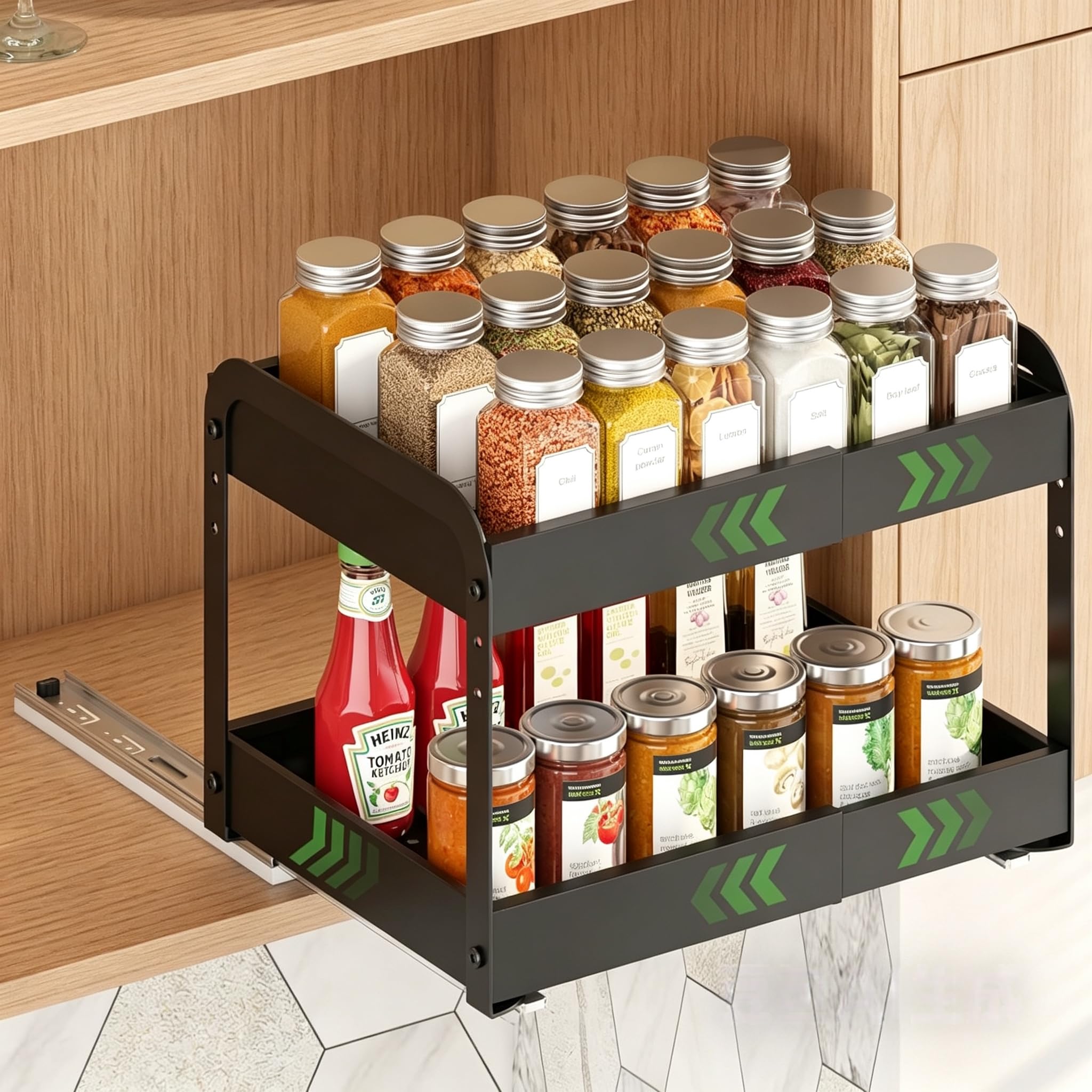 AcrossStar Expandable Pull Out Drawers For Shallow Cabinets, 2Tier Slide Out No Drill Adhesive Kitchen Cabinet Organzier, Adju