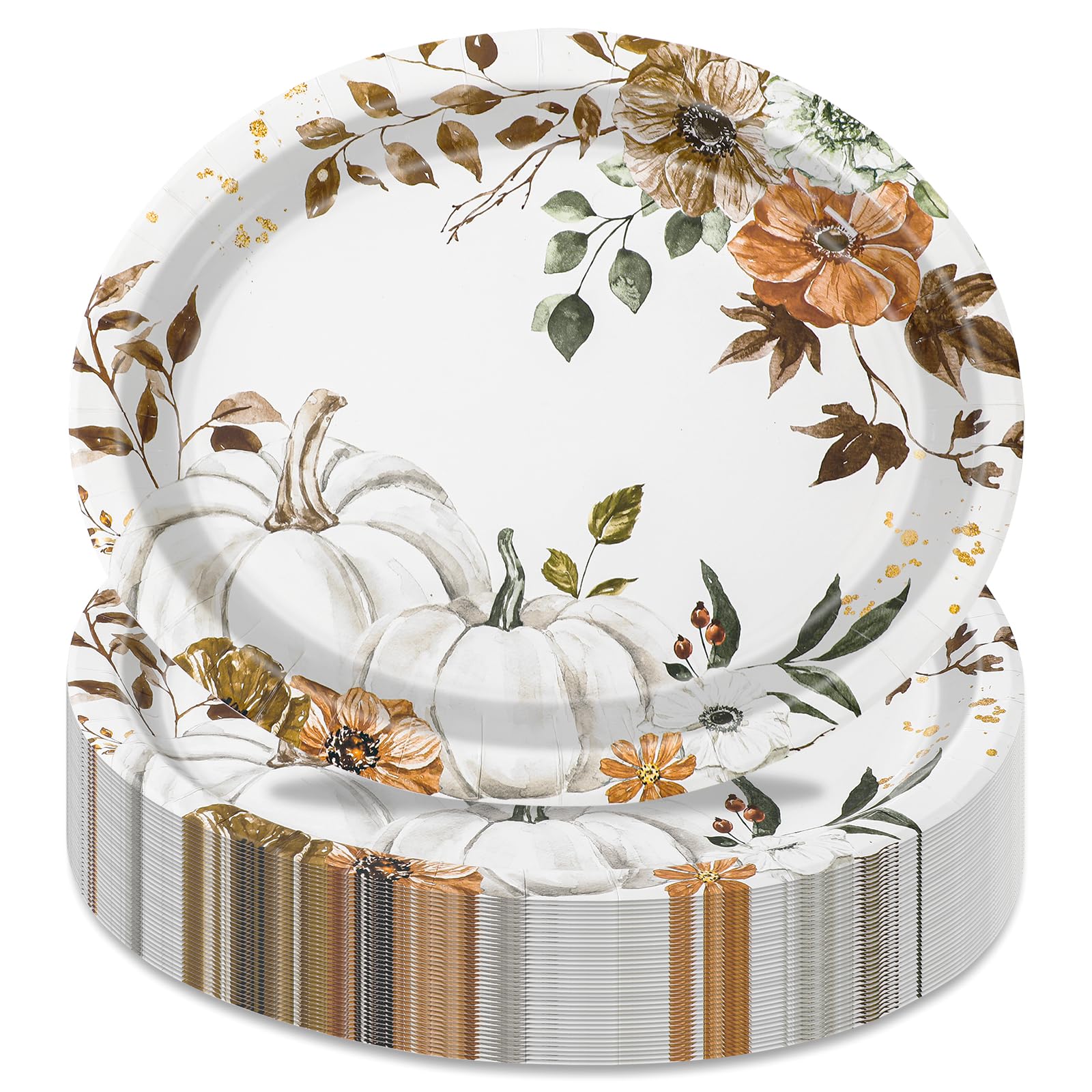 50Pcs Fall Oval Paper Plates Pumpkin Floral Disposable Dinner Plates for Autumn Thanksgiving Harvest Party Supplies