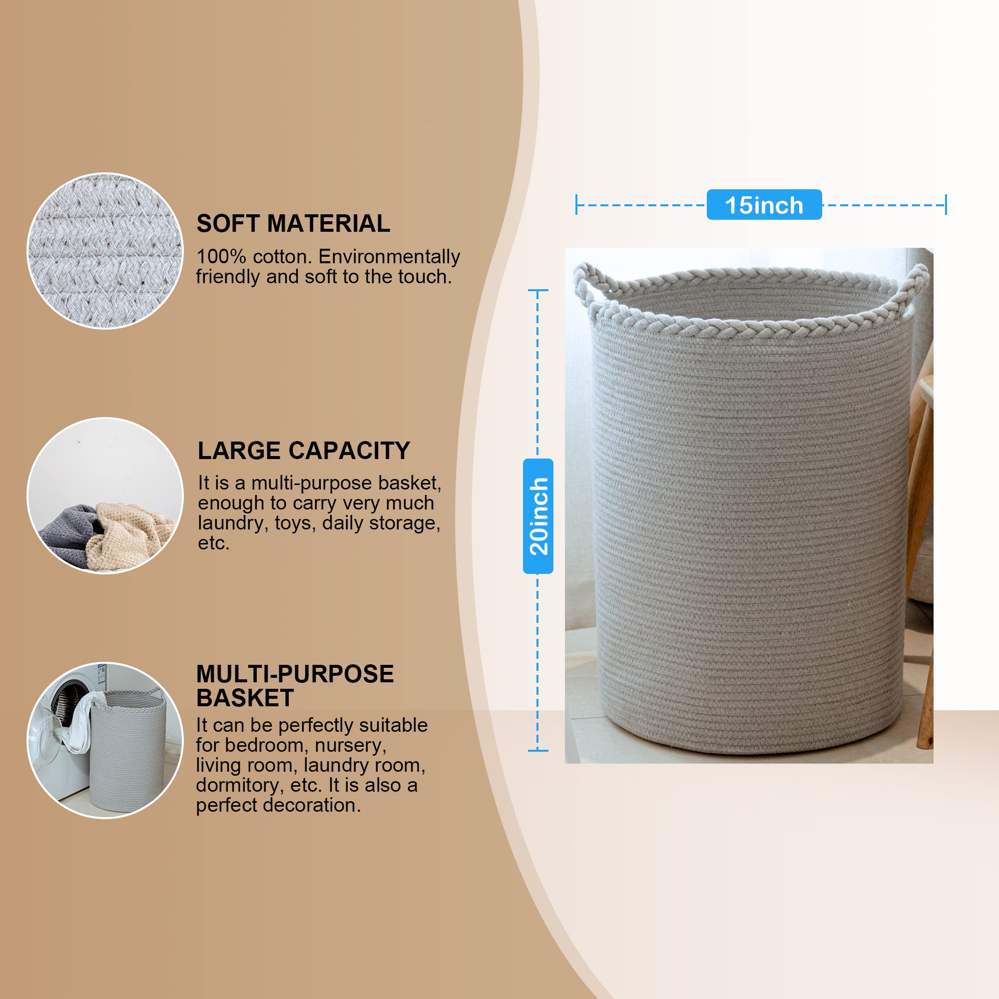 Homlikelan 58L Woven Laundry Basket,Tall Wicker Laundry Basket For Blankets,Clothes,Pillows,Toys,Shoes Large Cotton Laundry Hamp