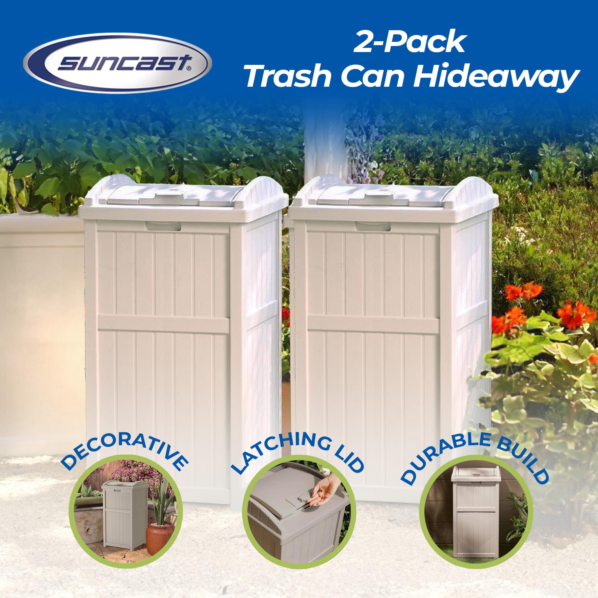 Suncast 30-33 Gallon Deck Patio Resin Garbage Trash Can Hideaway  Taupe (2 Pack)