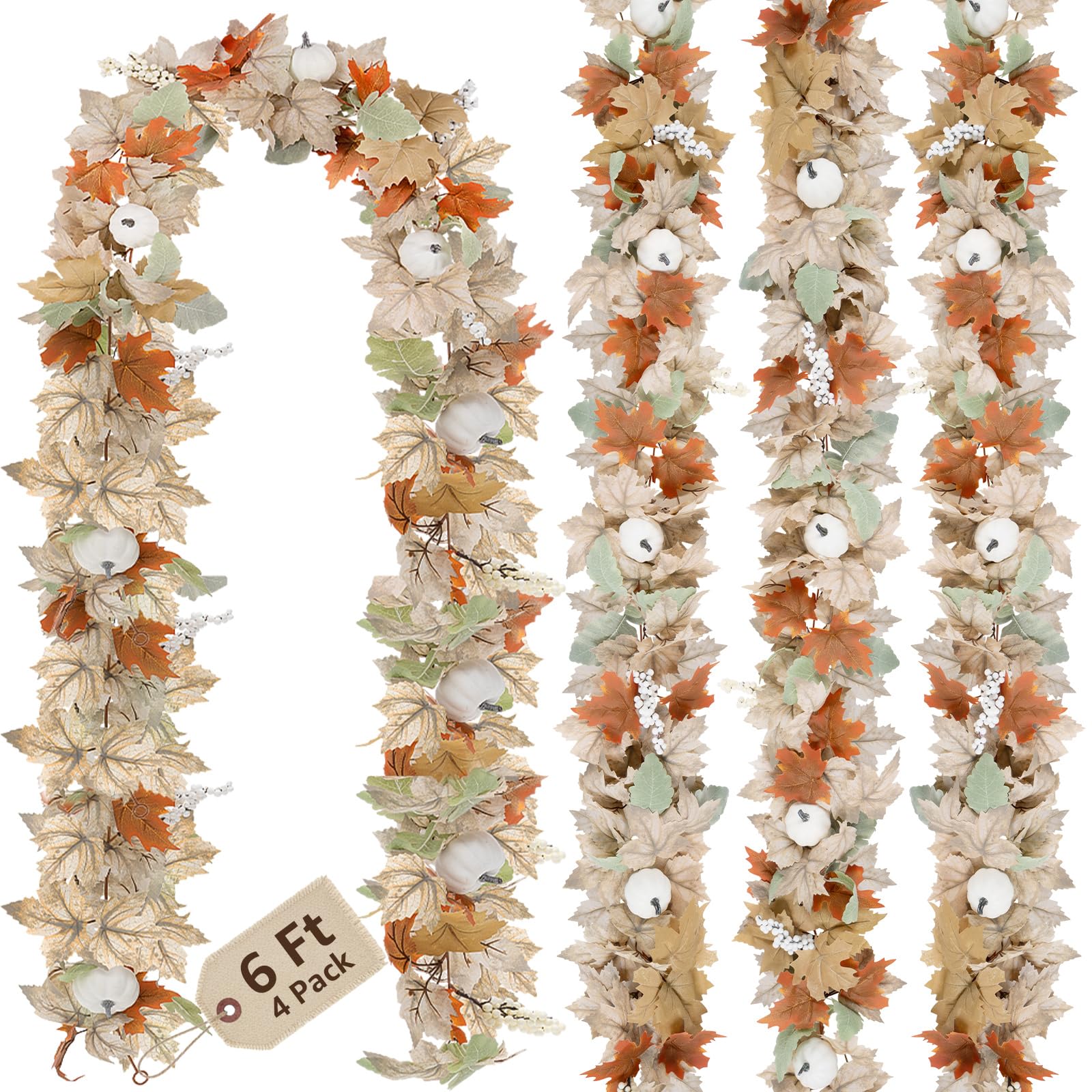 Neutral Fall Garland for Mantle Fireplace - 4 Pack Total 24 Ft Outdoor Autumn Leaves Decor for Home Front Door with Pumpkins Ind