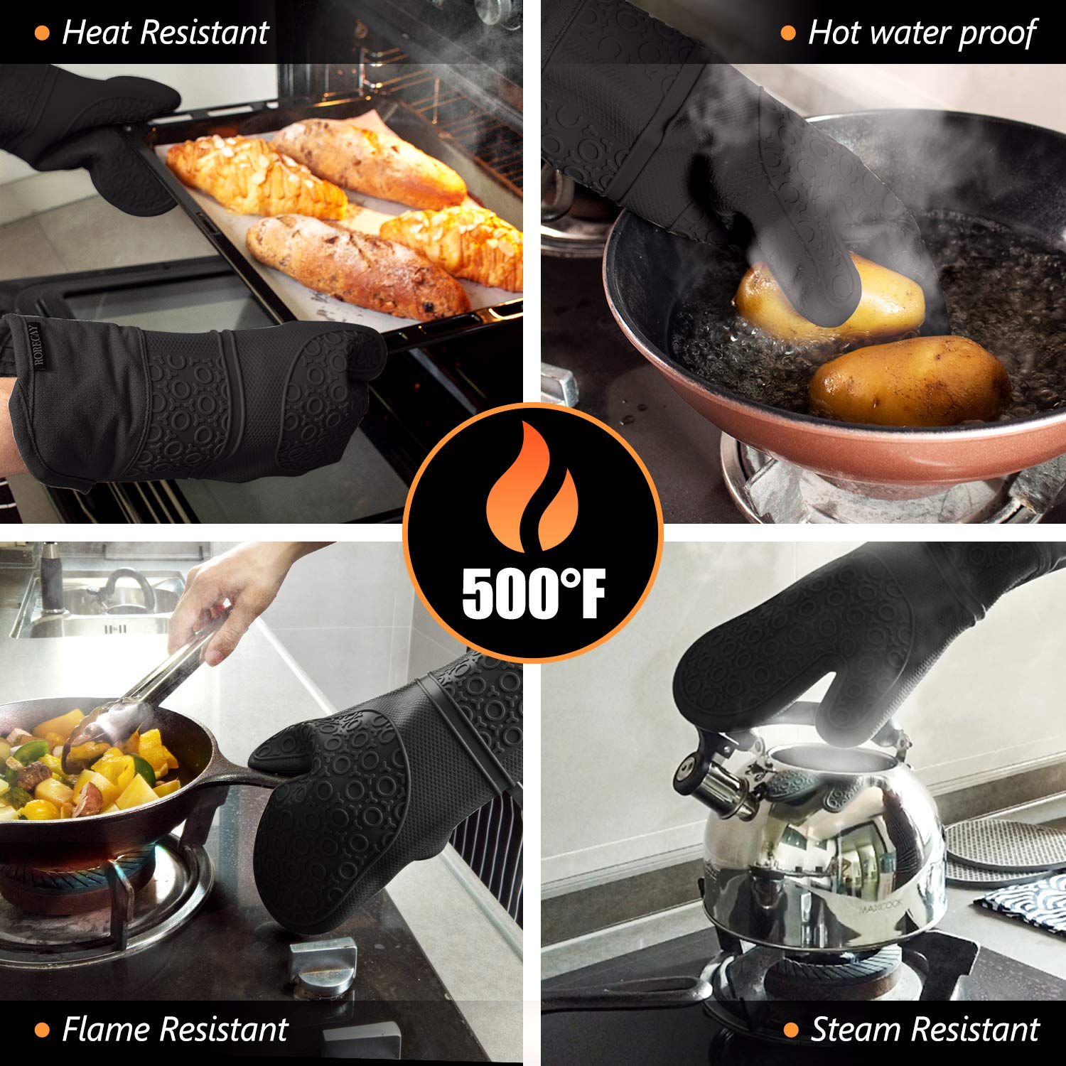 Rorecay Extra Long Oven Mitts And Pot Holders Sets: Heat Resistant Silicone Mittens With Mini Gloves Hot Pads Potholders For Kit