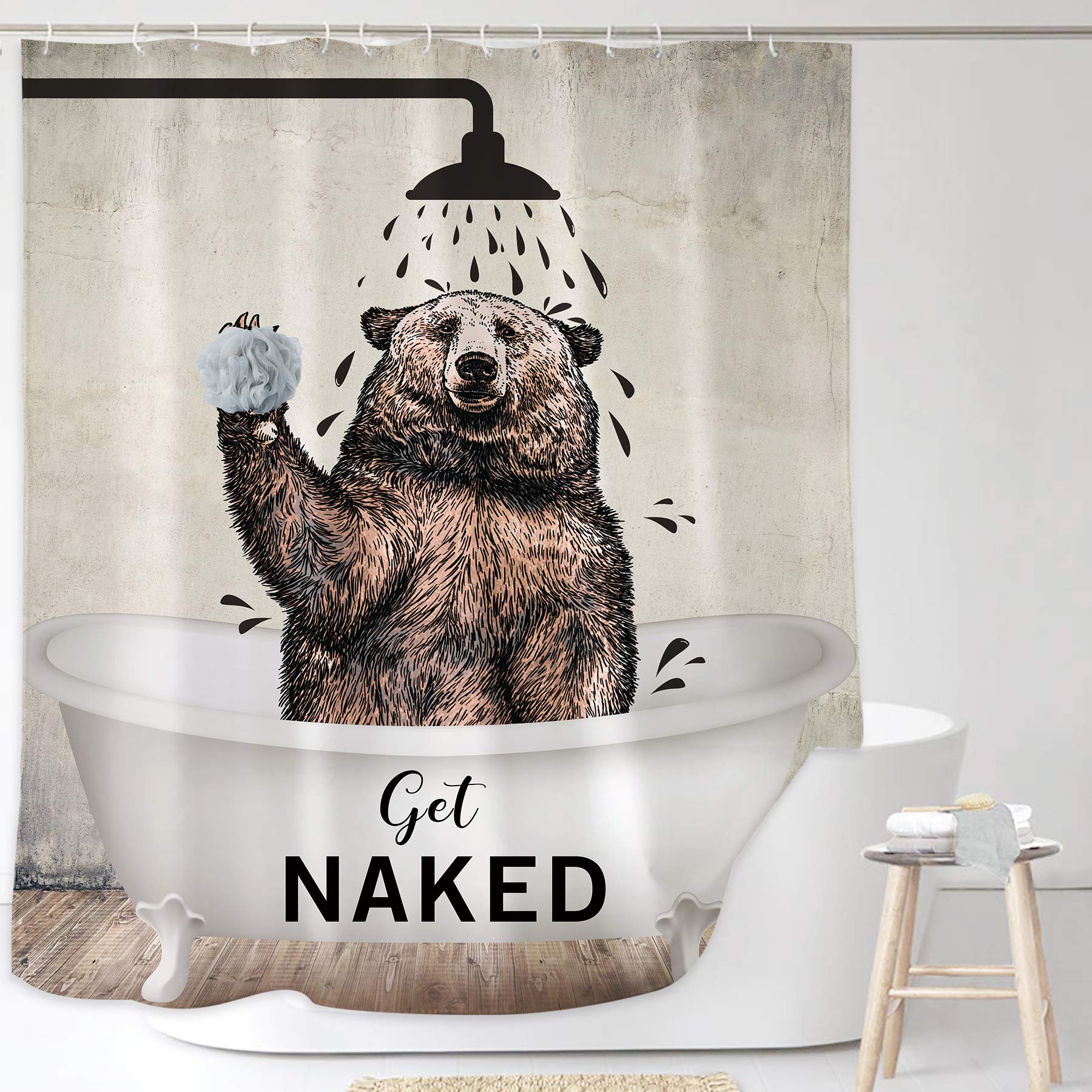 Yookeb Bear Funny Animal Get Naked Bathroom Shower Curtain 71W By 71H Inch Brown Cute Bathtub Farmhouse Kids Polyester Fabric 12