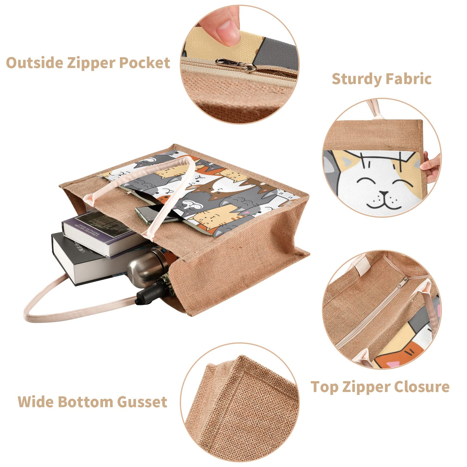 Cataku Cats Funny Jute Tote Bags With Handles & Zipper Reusable Shopping Grocery Bags Burlap Bags With Front Canvas Pocket Gift